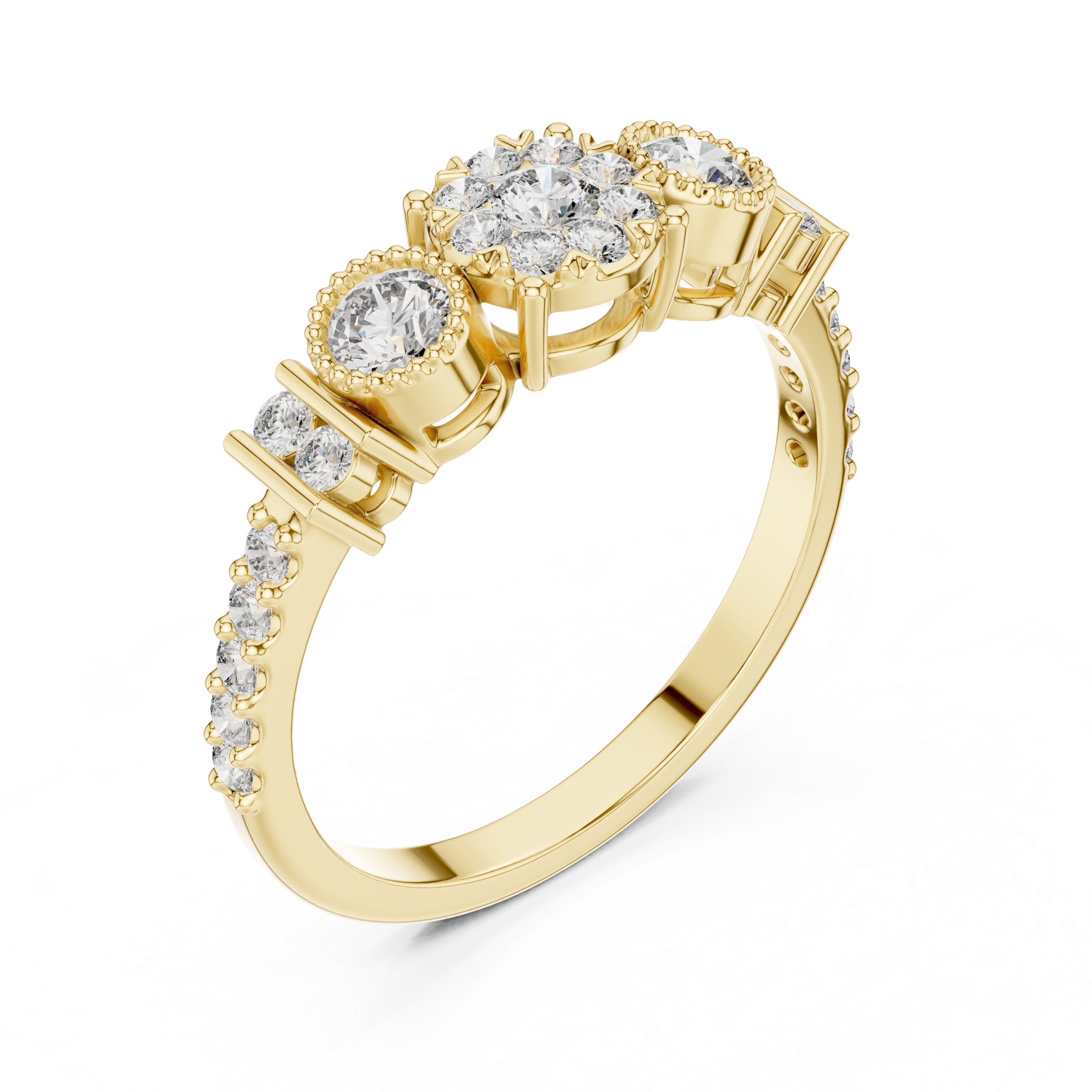 Muur Atelier Solid Gold Floral Cluster Trilogy Diamond Ring with Illusion Setting