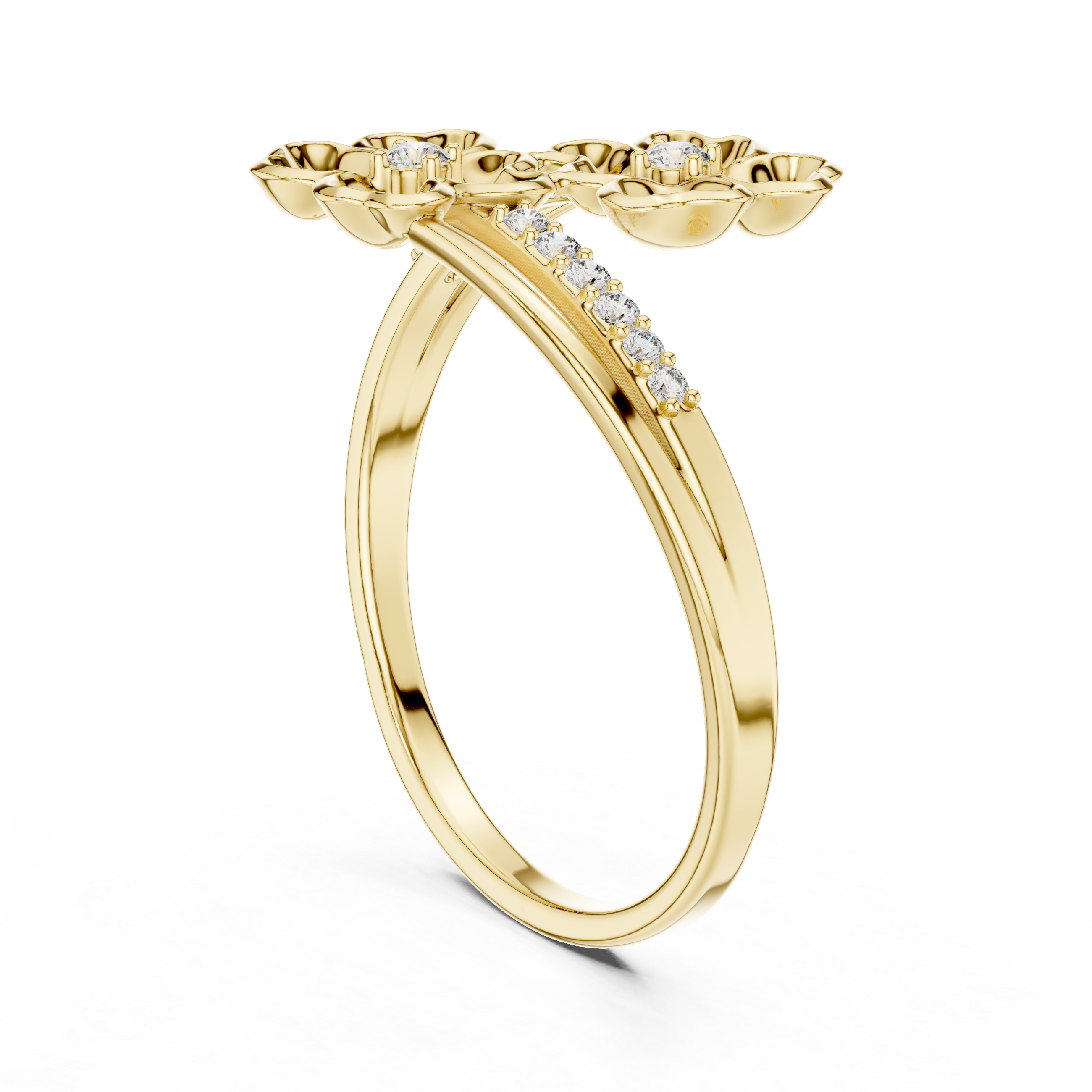 Gold floral ring with diamond accents on a white background