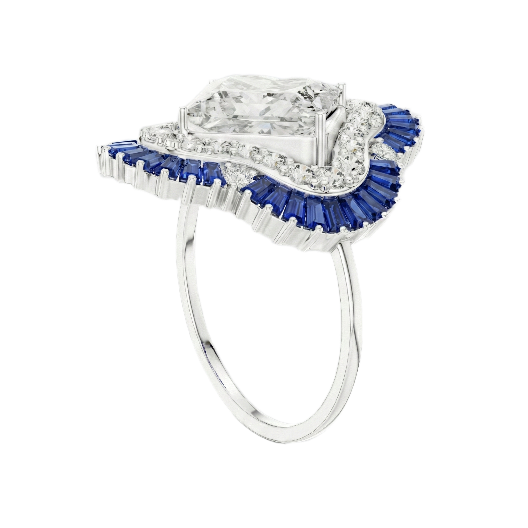 Diamond ring with blue gemstones on a white background