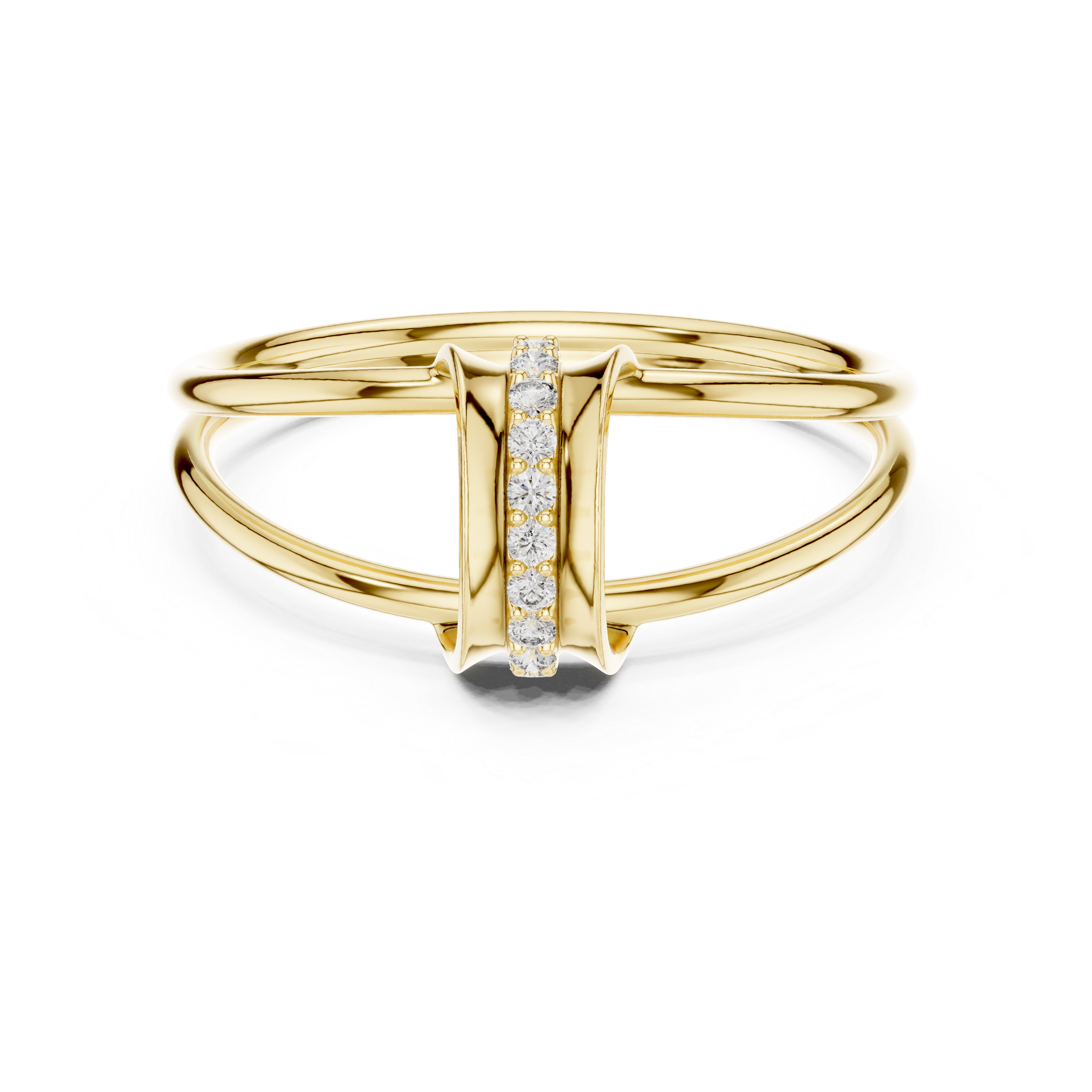 Gold ring with diamond accents on a white background