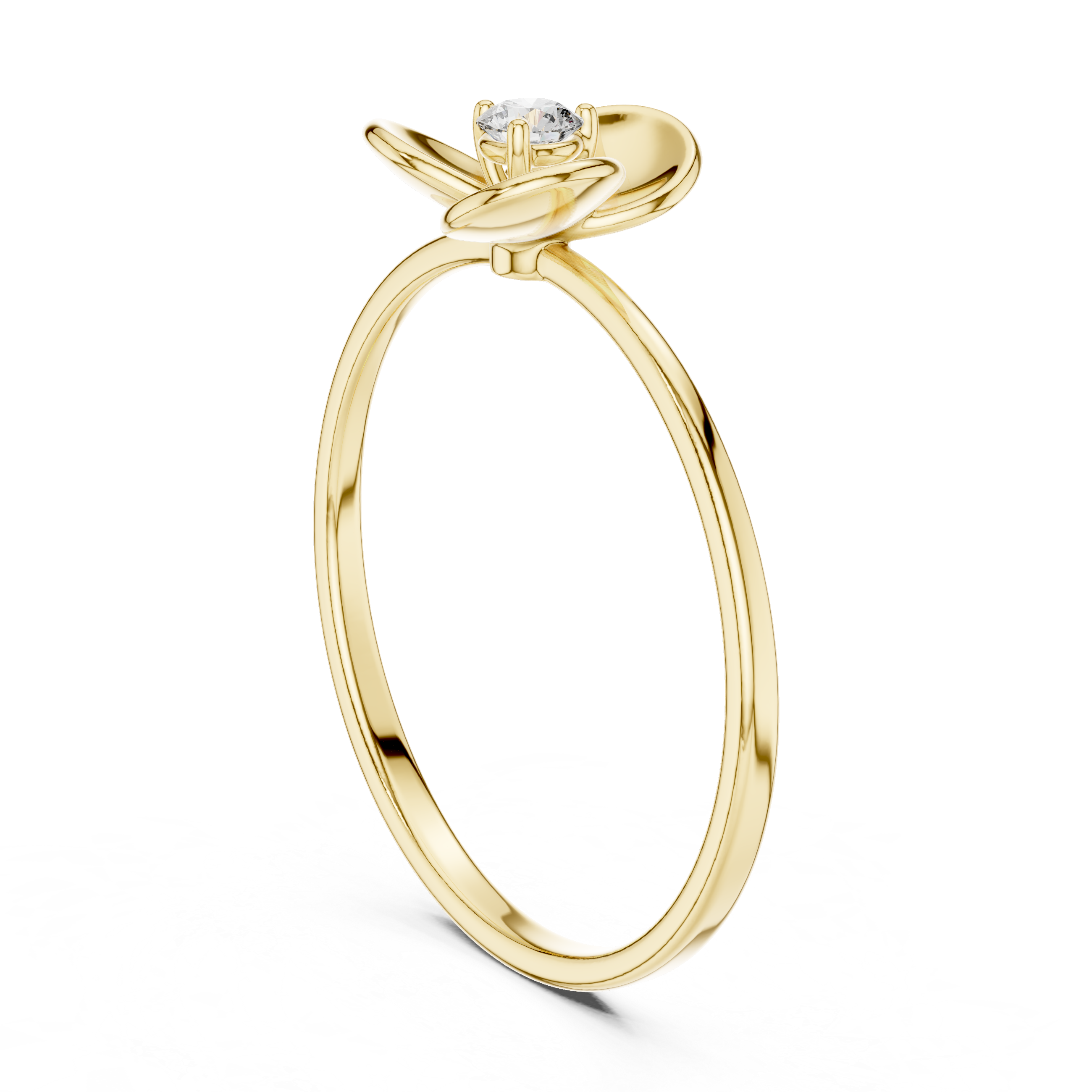 Gold ring with a diamond set in a floral design on a white background