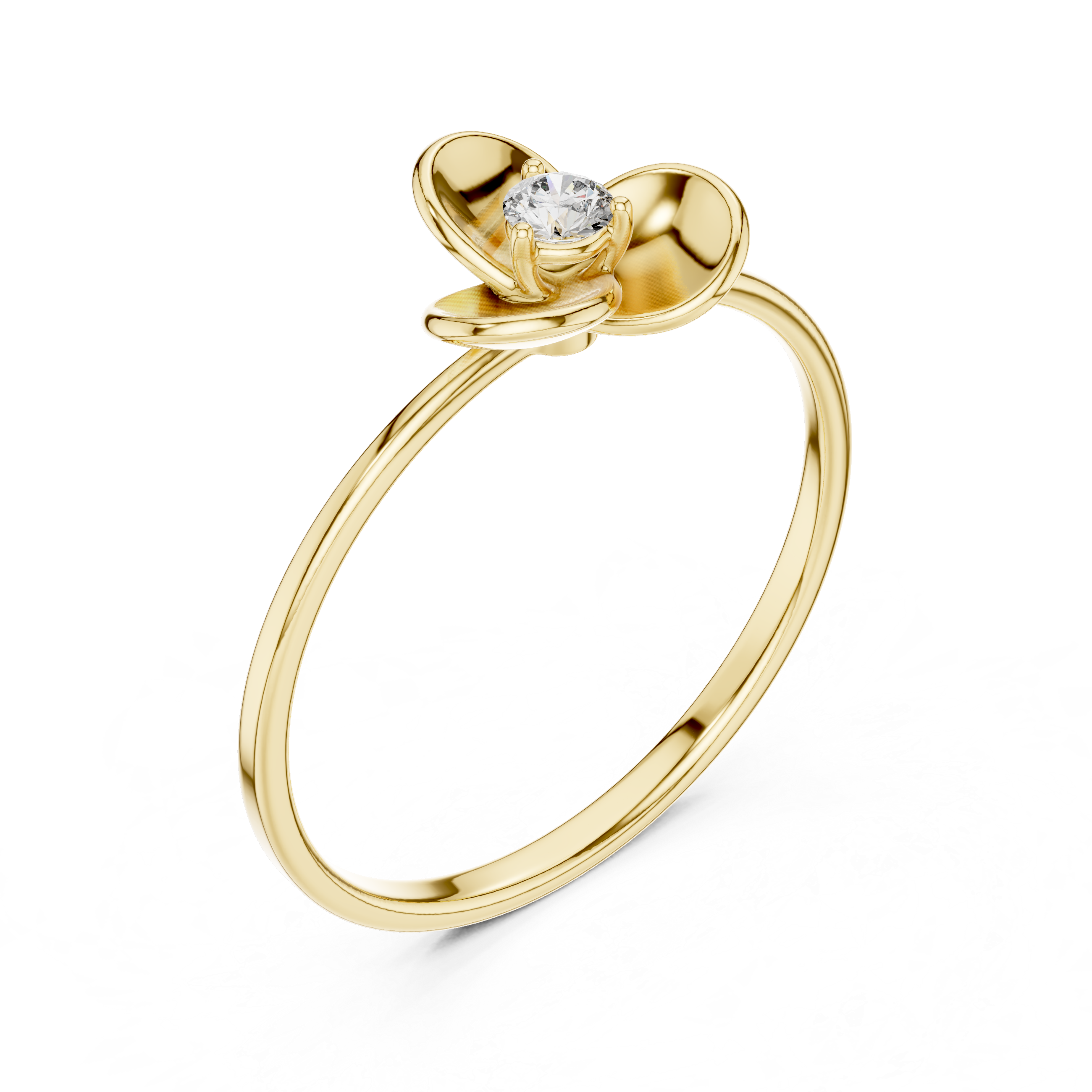 Gold ring with a diamond set in a floral design on a white background