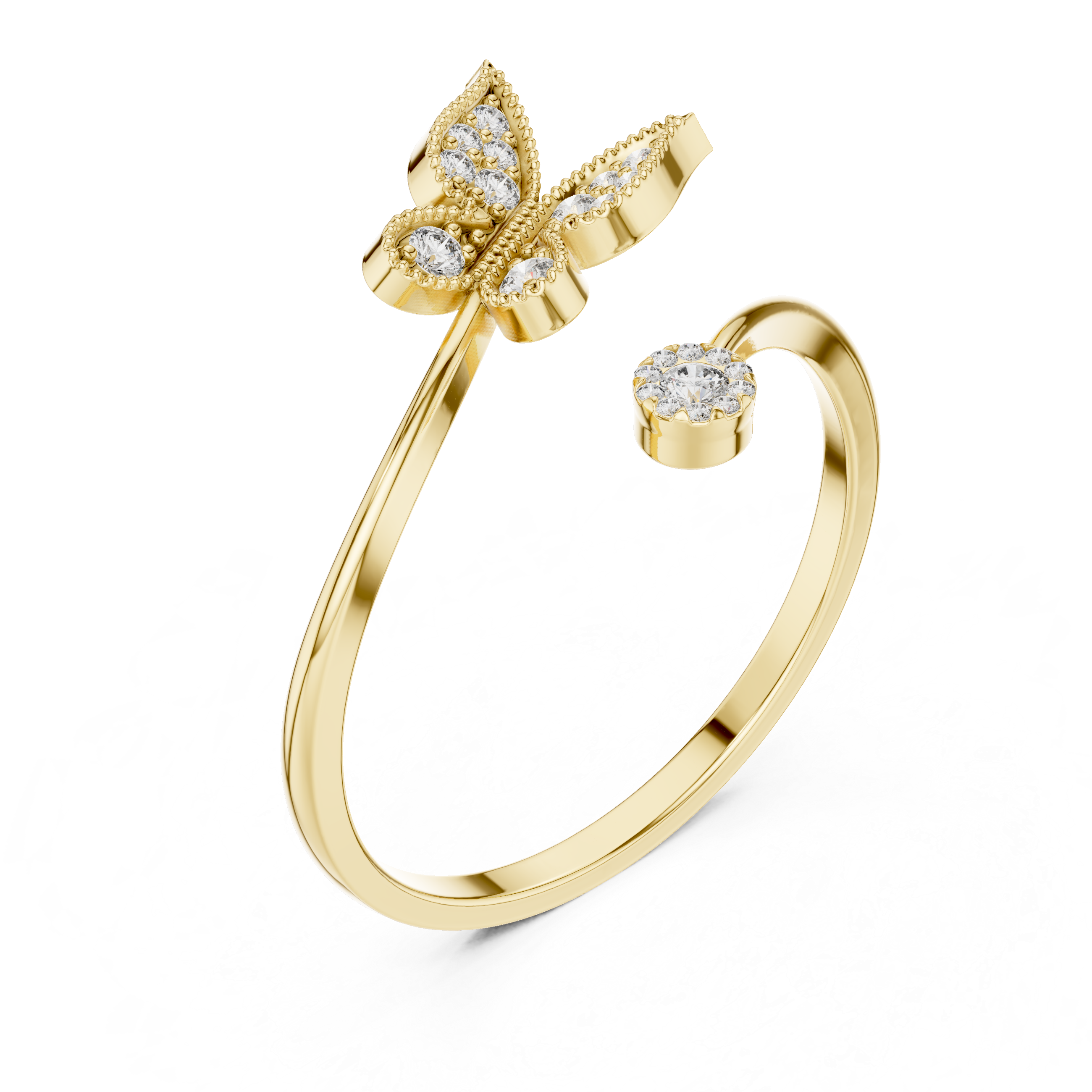 Gold butterfly ring with diamond accents on a white background