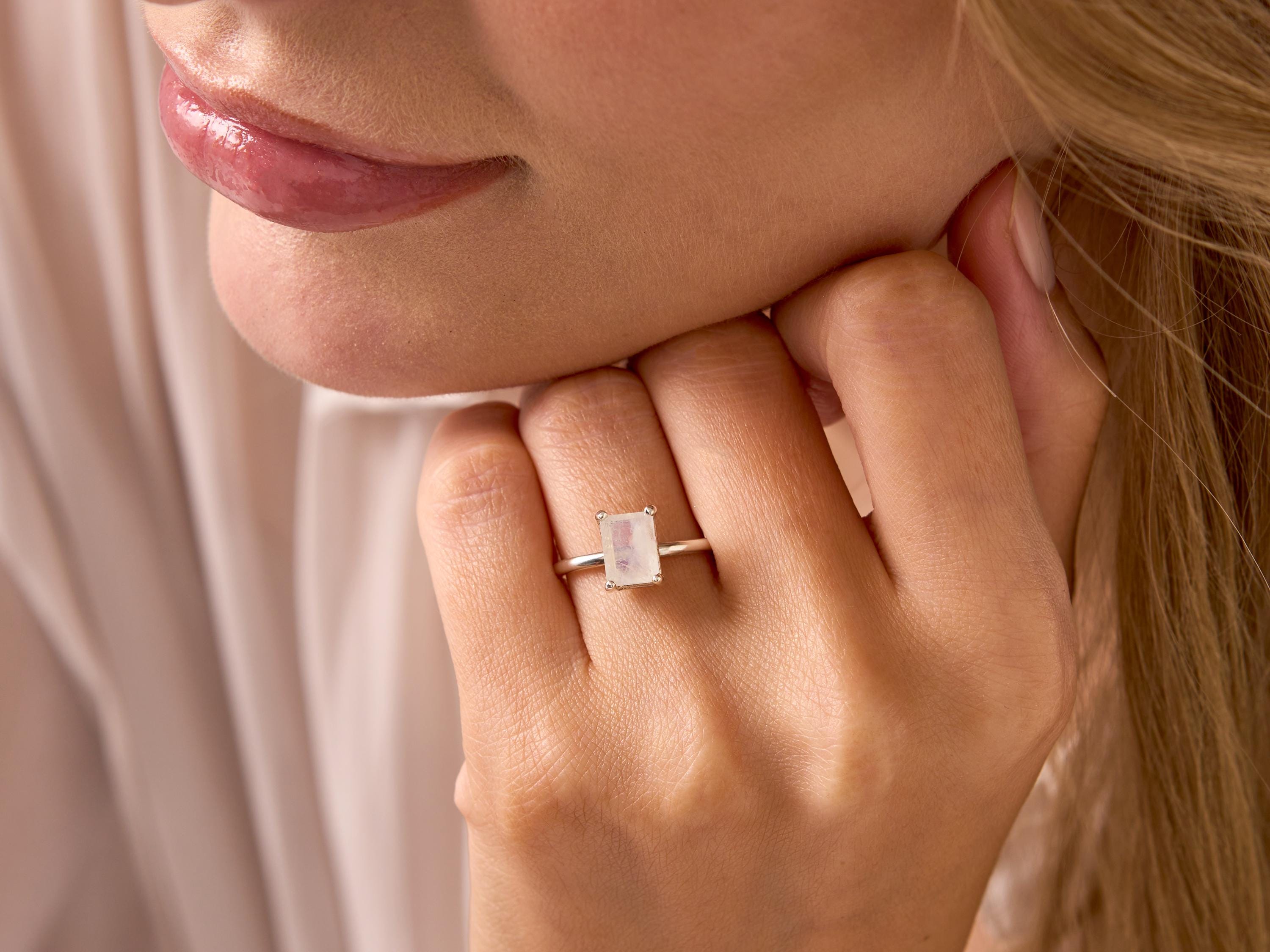 Emerald Cut Moonstone Ring: 925 Sterling Silver Rainbow Jewelry