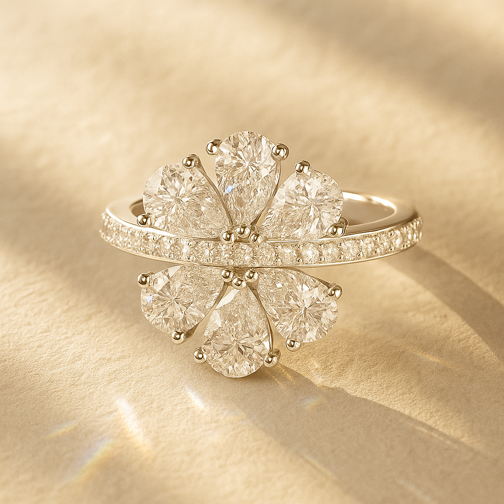 Six-Leaf Pear Cluster Pavé Ring