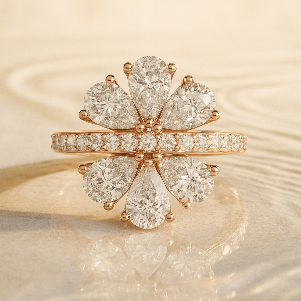 Six-Leaf Pear Cluster Pavé Ring