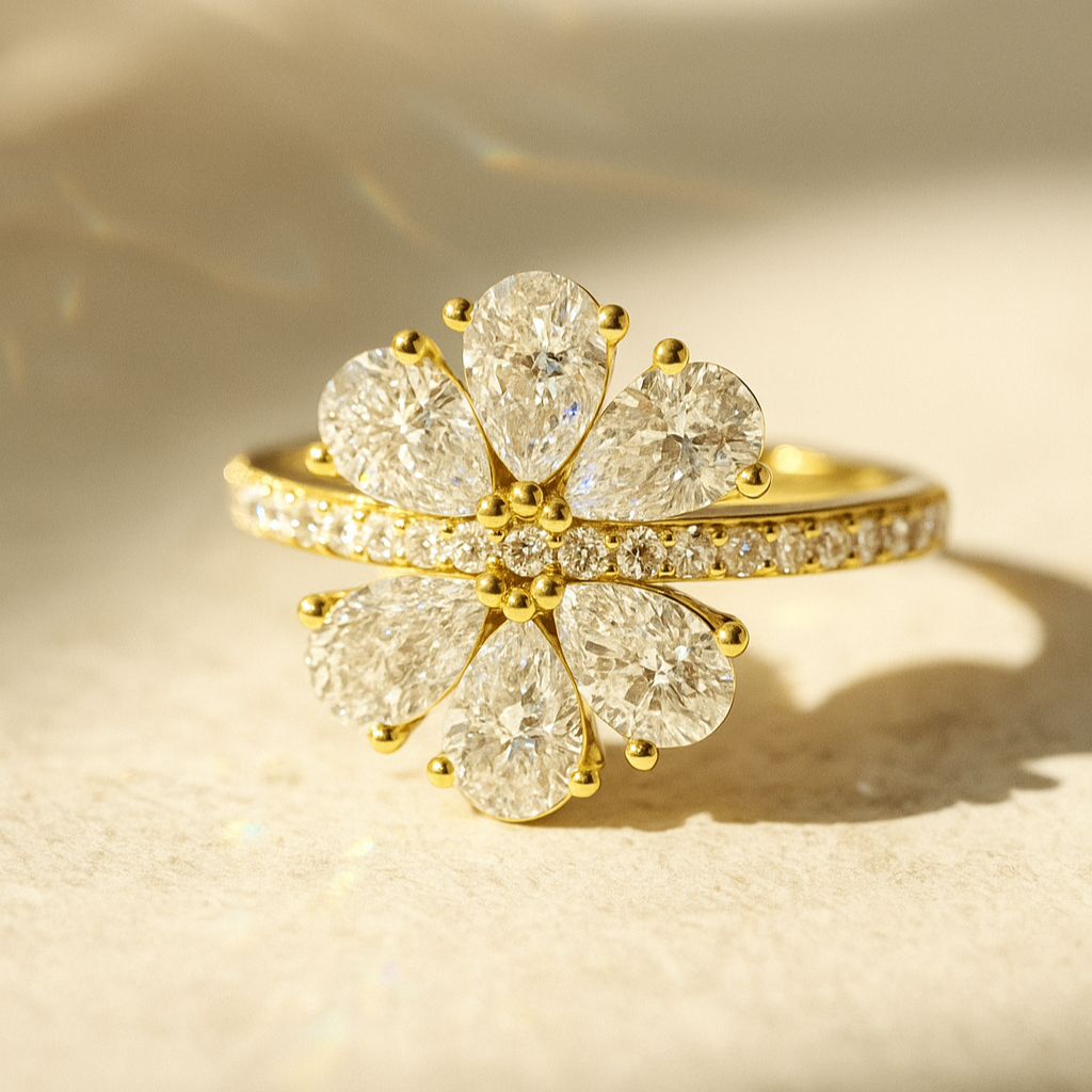 Six-Leaf Pear Cluster Pavé Ring