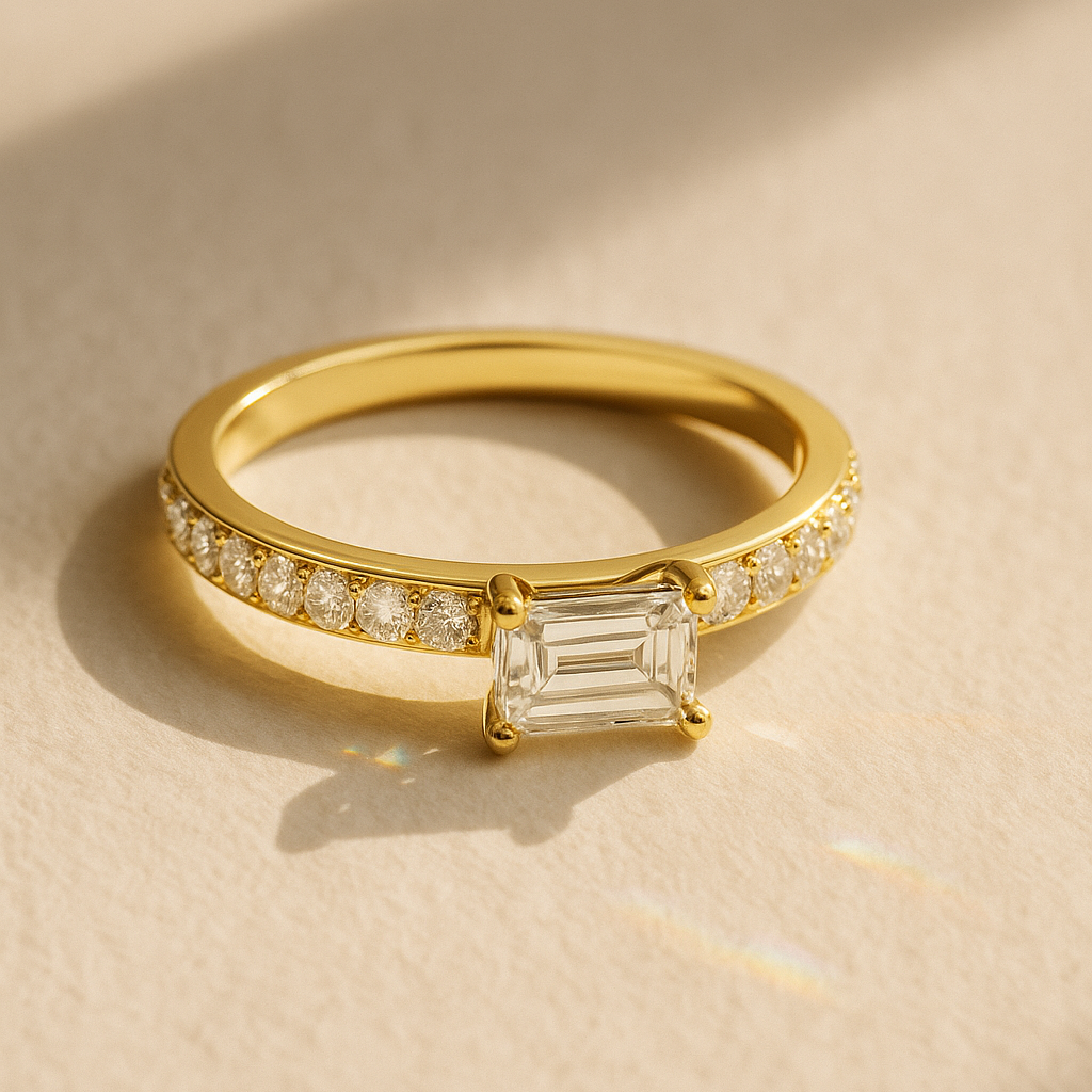 East–West Emerald-Cut & Pavé Ring