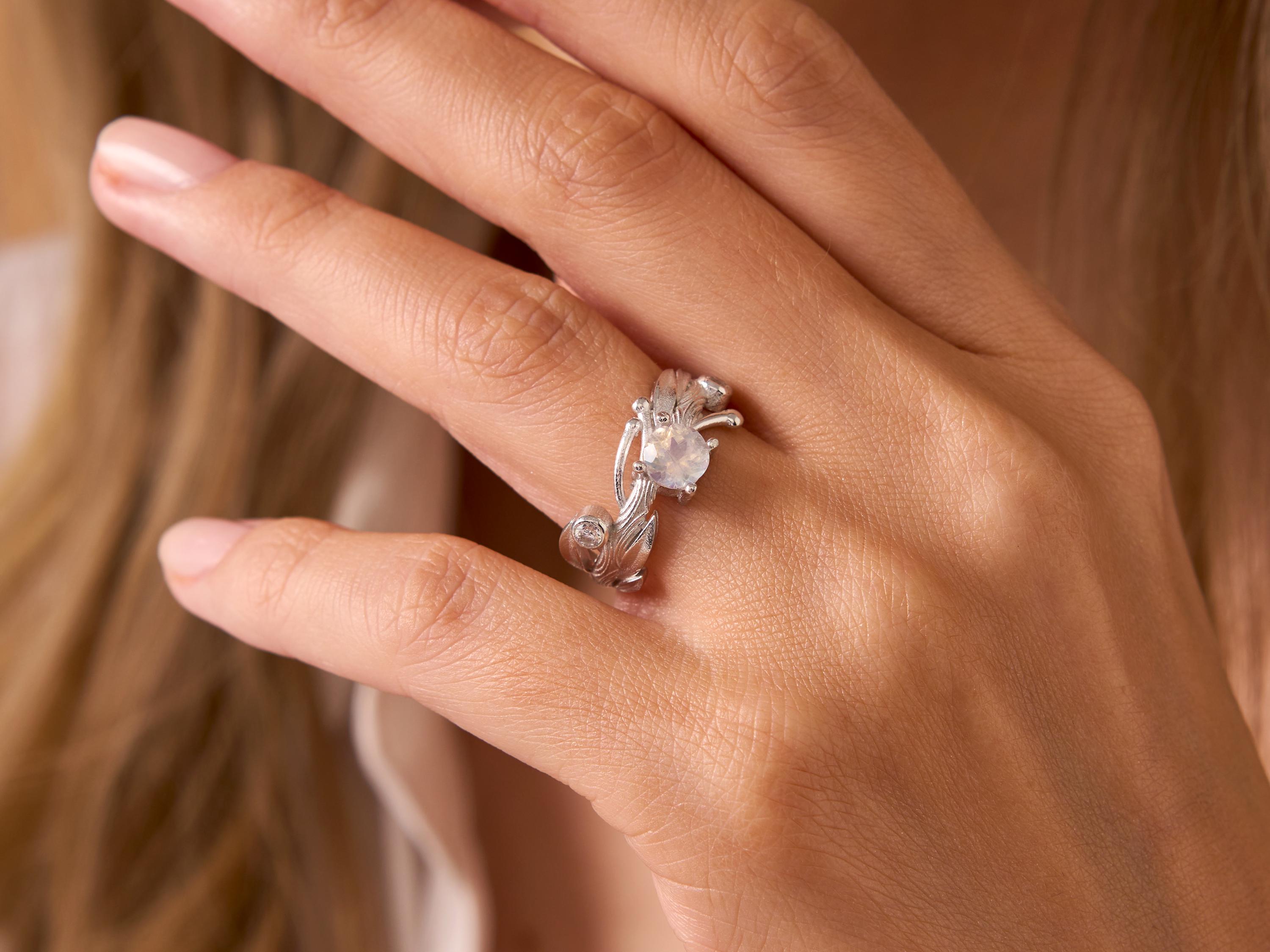 Moon Stone Leaf Ring, Rainbow Moonstone Ring Silver