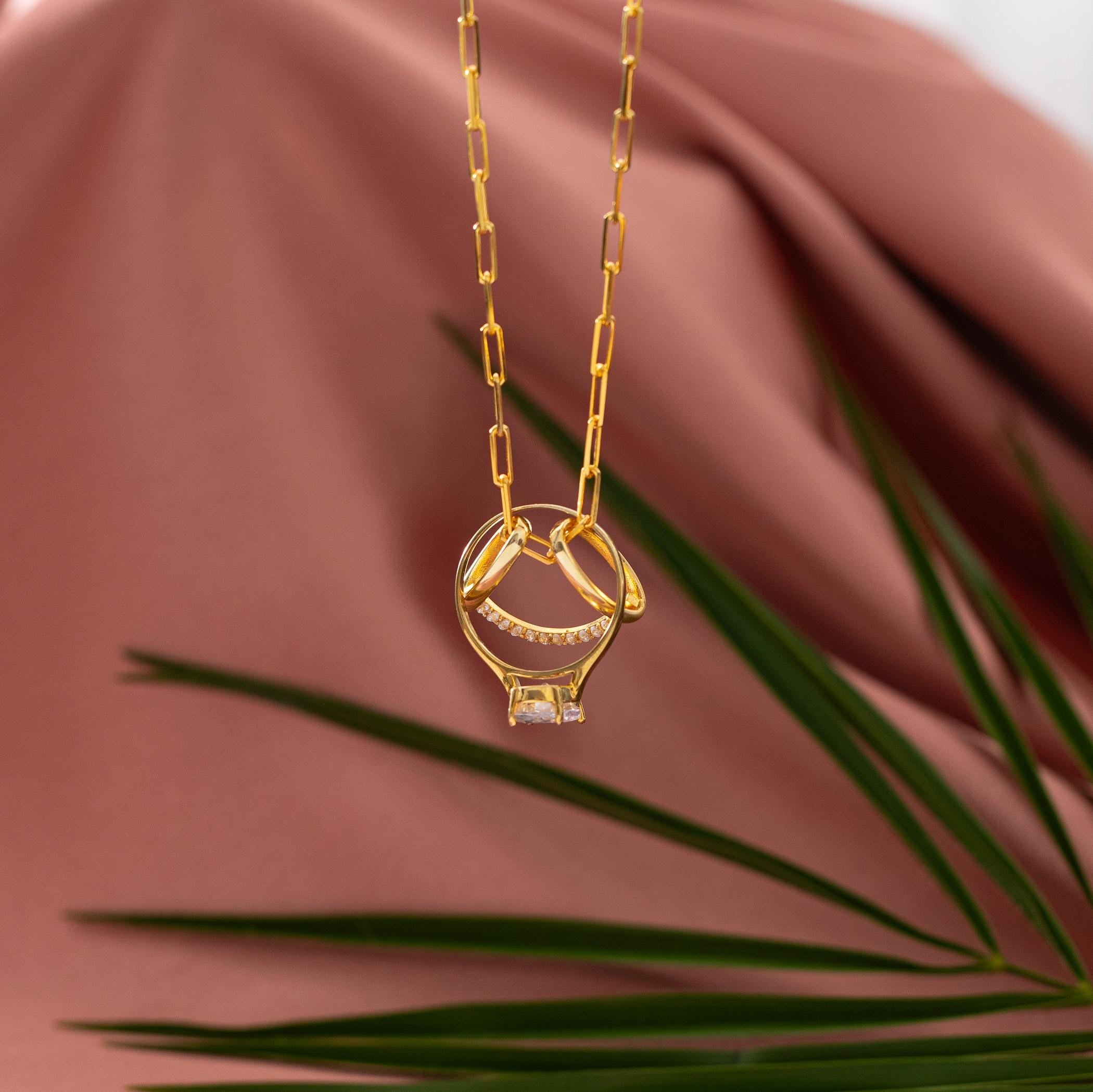 Moissanite Ring Holder Necklace, 14k Solid Gold Ring Keeper Pendant
