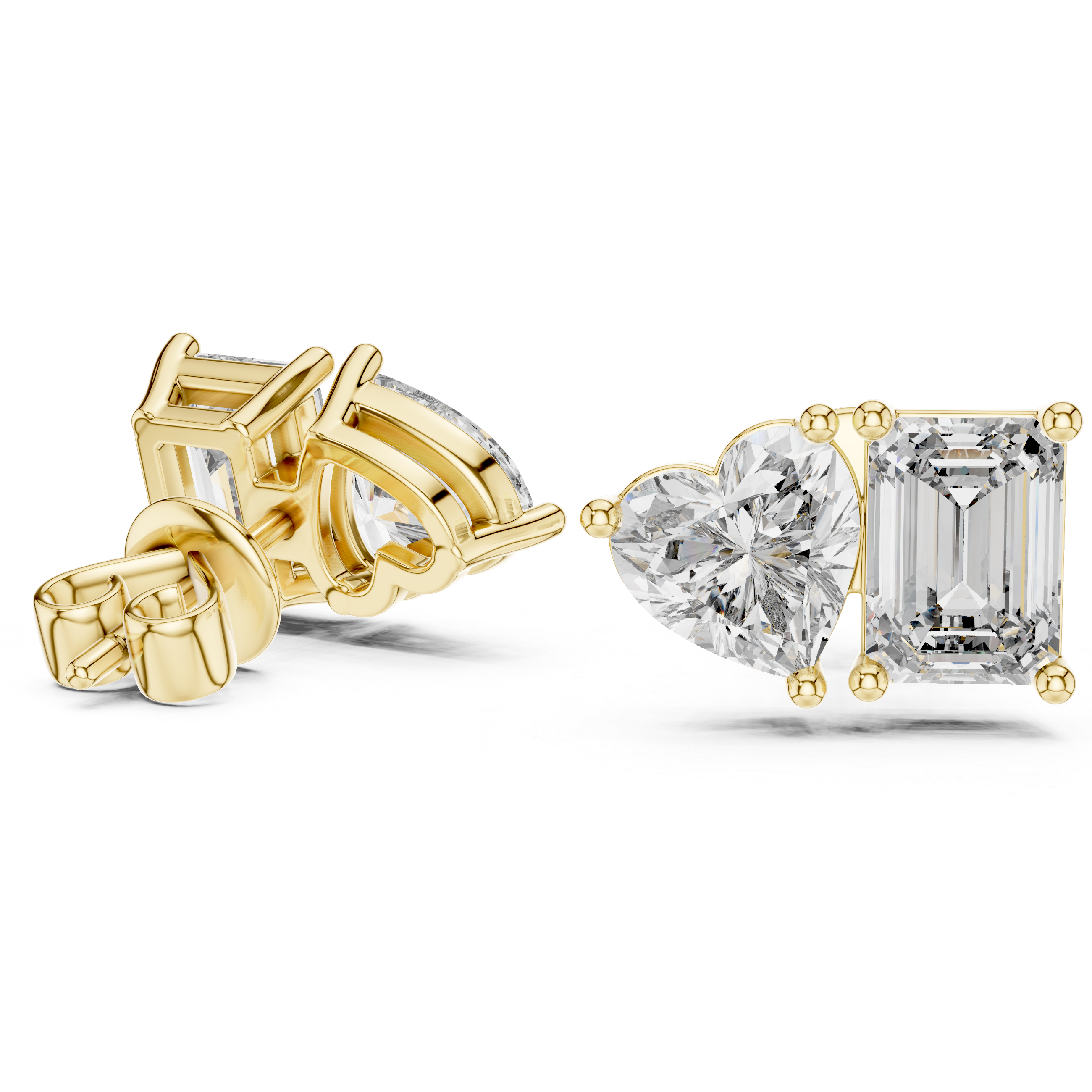 Muur Atelier Solid Gold Heart & Emerald Cut Diamond  Toi et Moi Studs