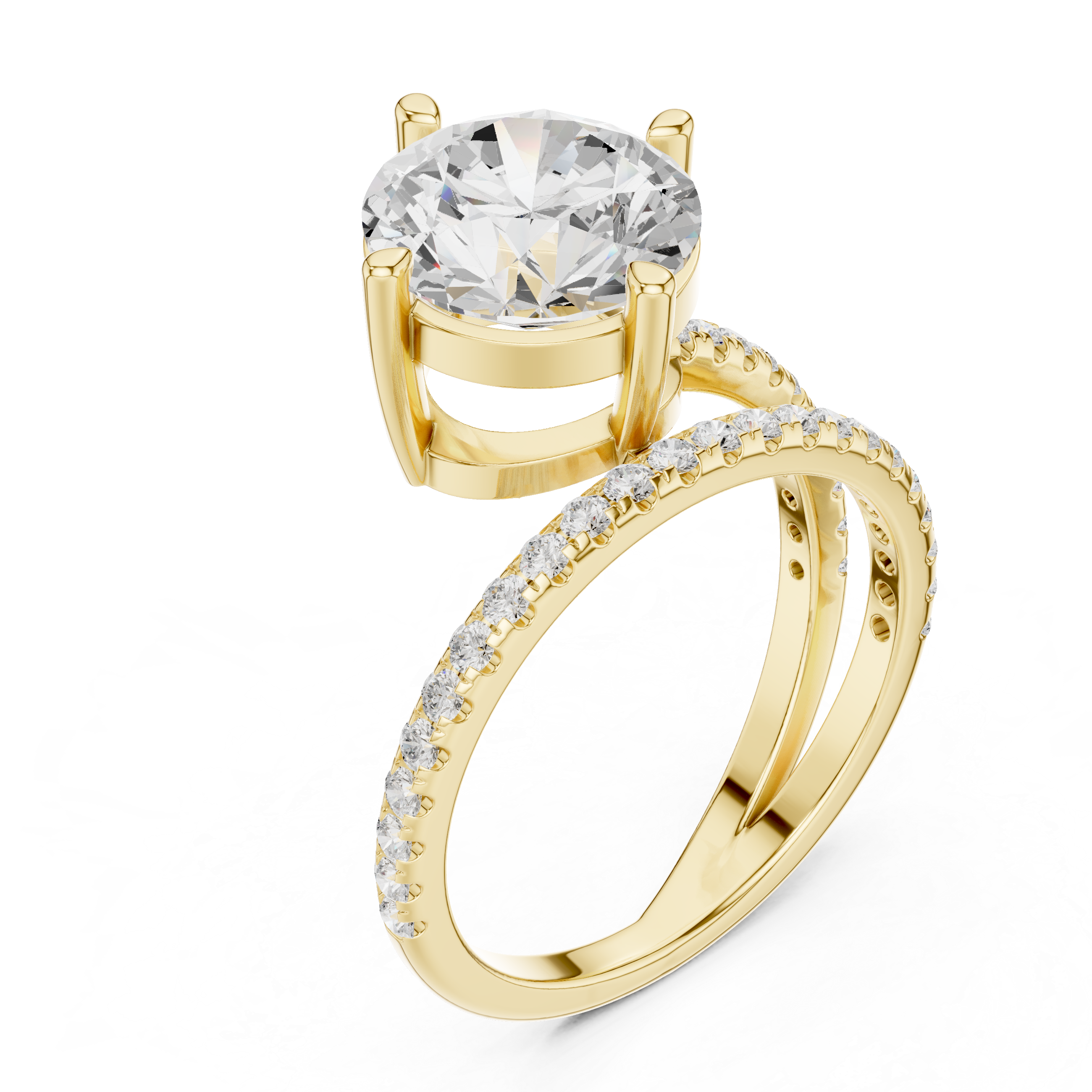 Gold ring with a large diamond and smaller diamonds on the band against a white background