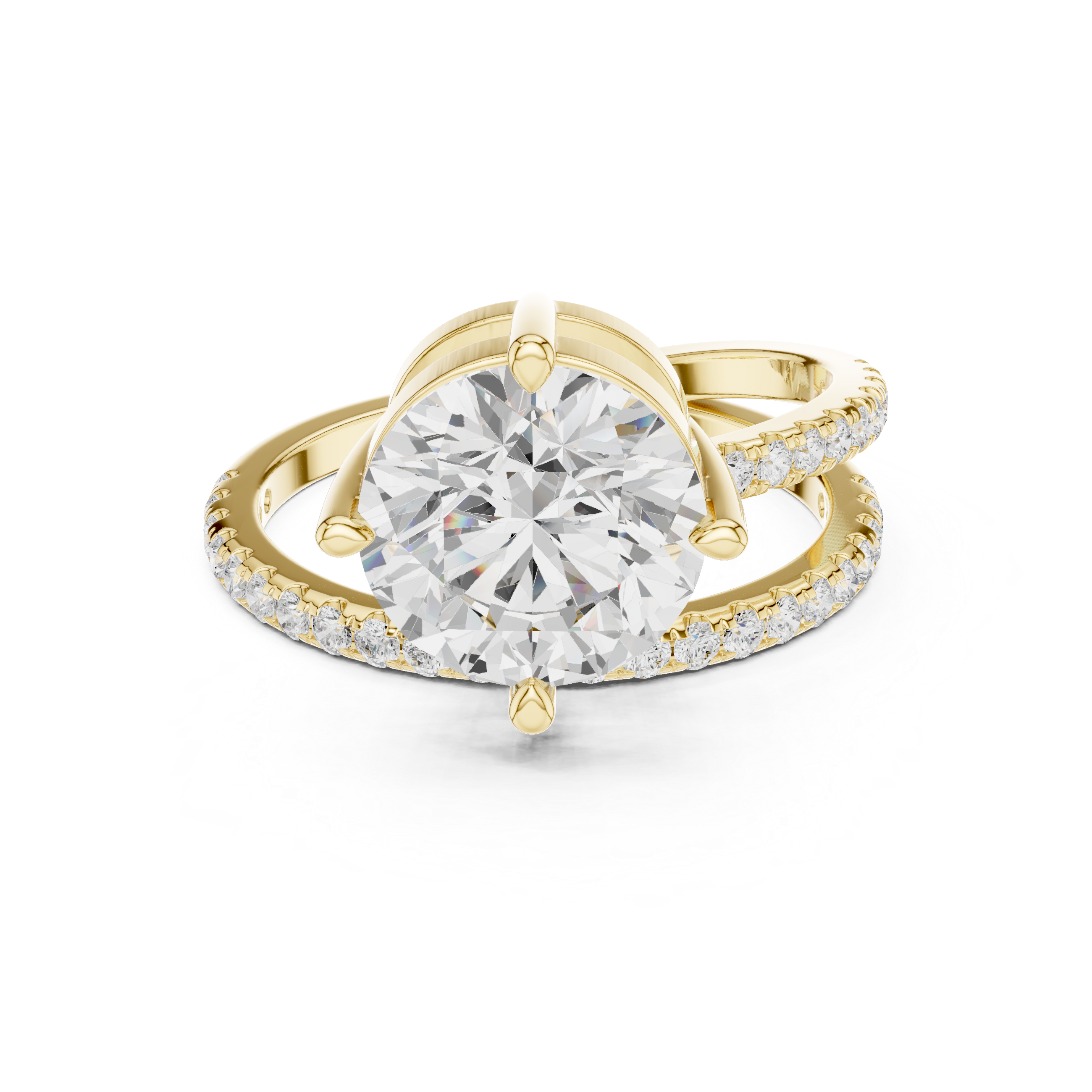 Gold ring with a large diamond on a white background