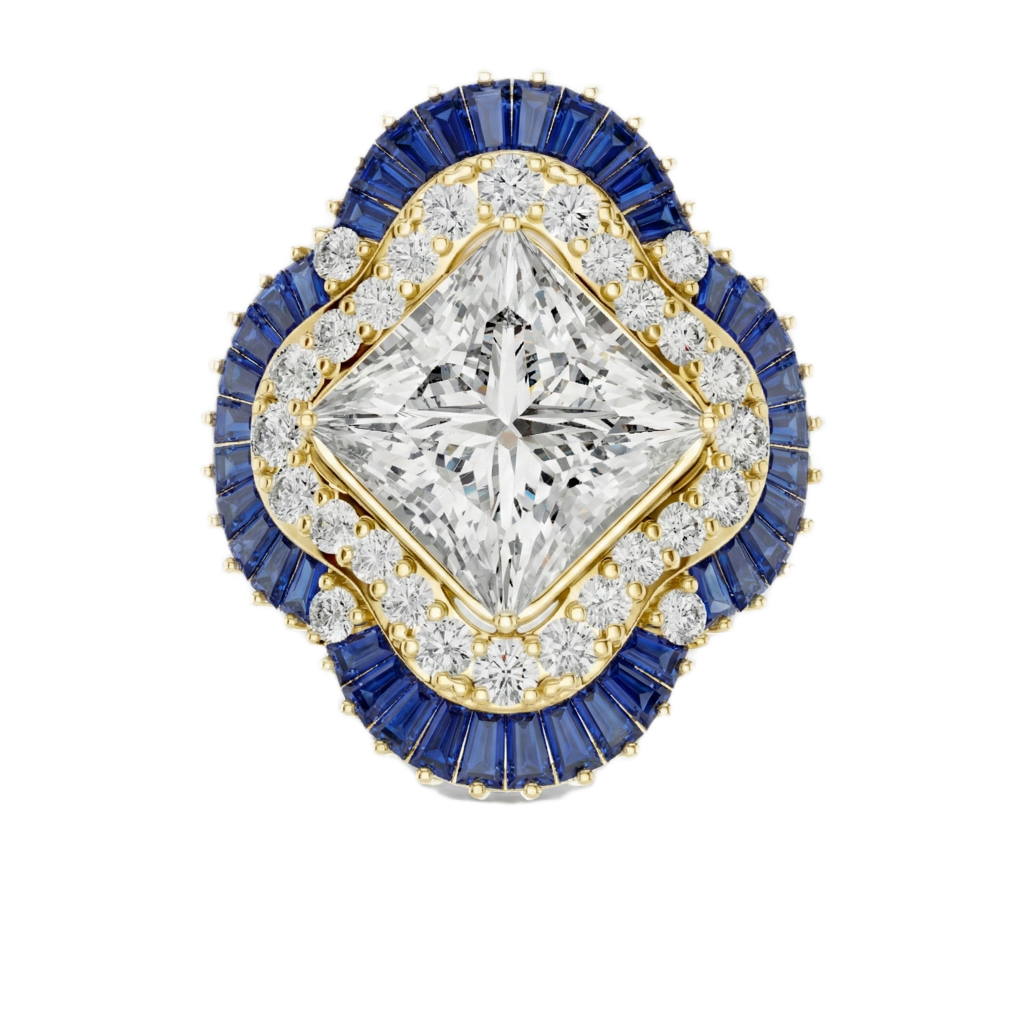 Diamond ring with blue gemstones on a white background