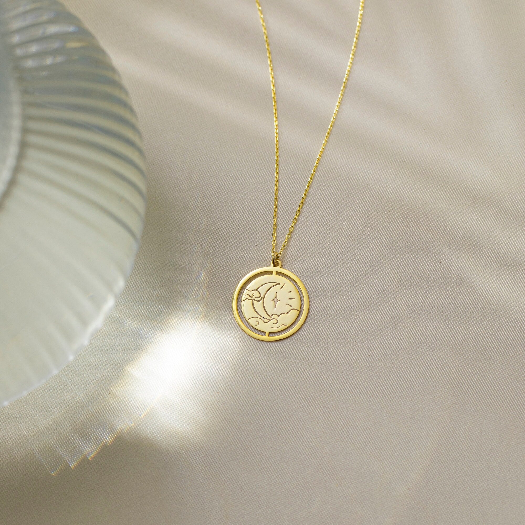 Sun and Moon Necklace, Gold Moon Star Pendant