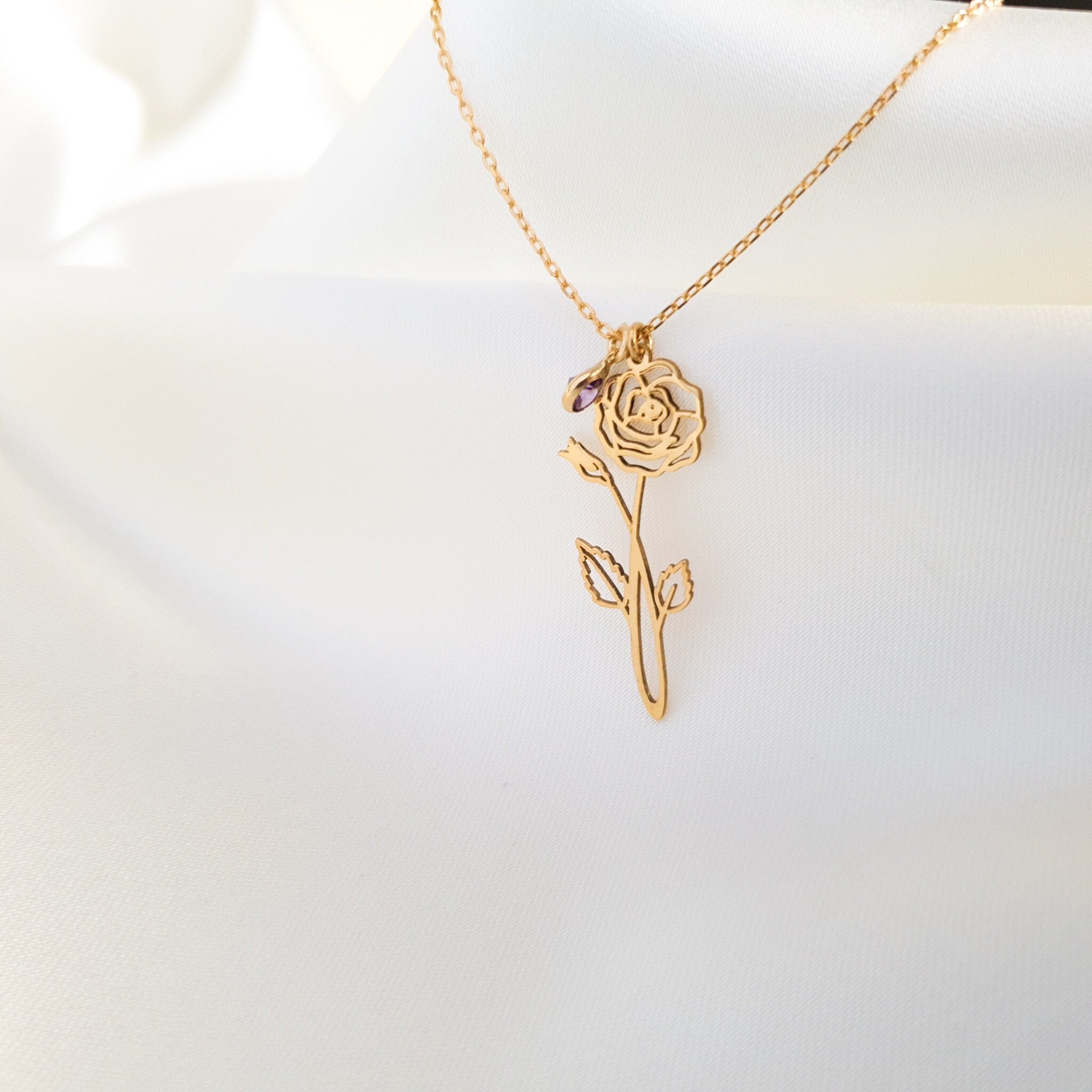 Tiny Birth Flower Necklace with Birthstone