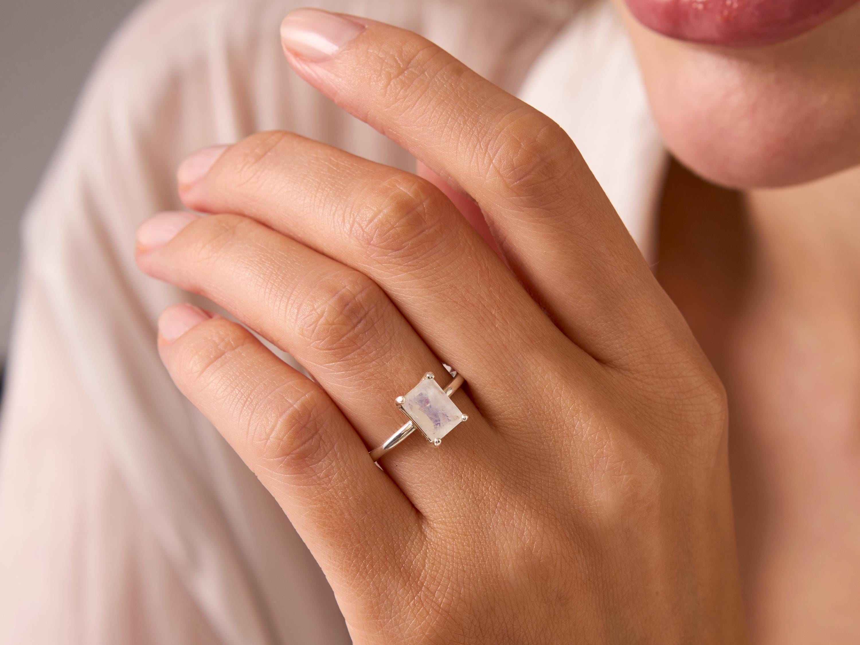Emerald Cut Moonstone Ring: 925 Sterling Silver Rainbow Jewelry