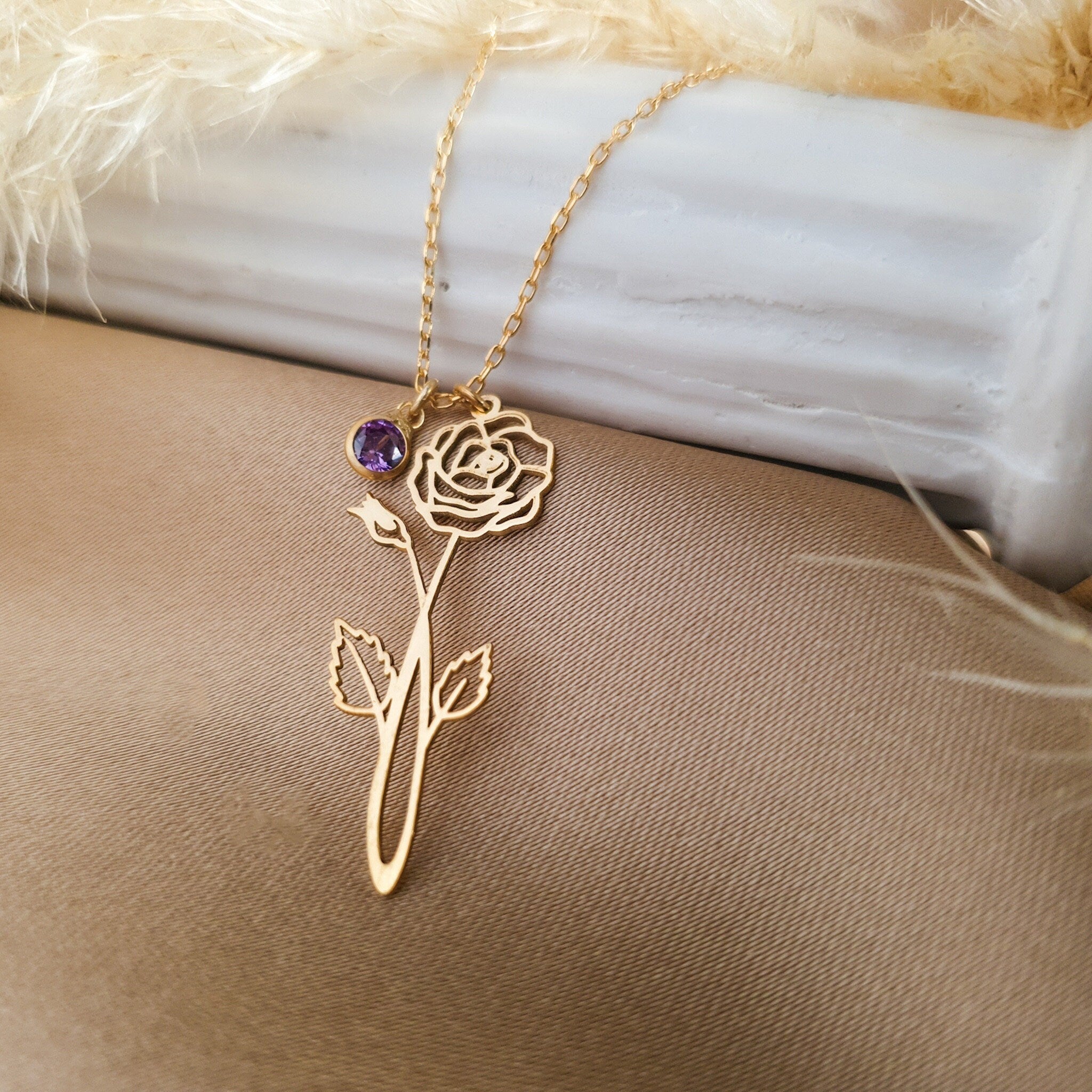 Tiny Birth Flower Necklace with Birthstone
