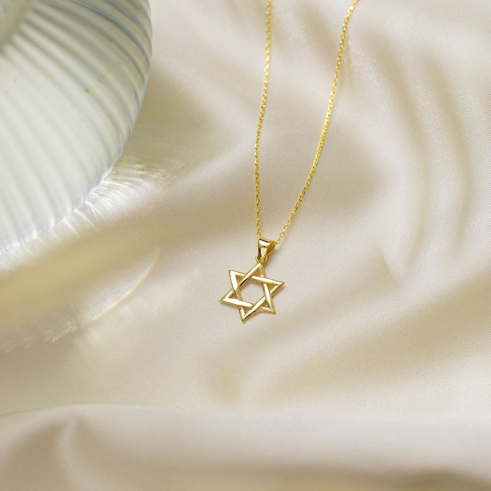 14K Solid Gold Star Of David Necklace,