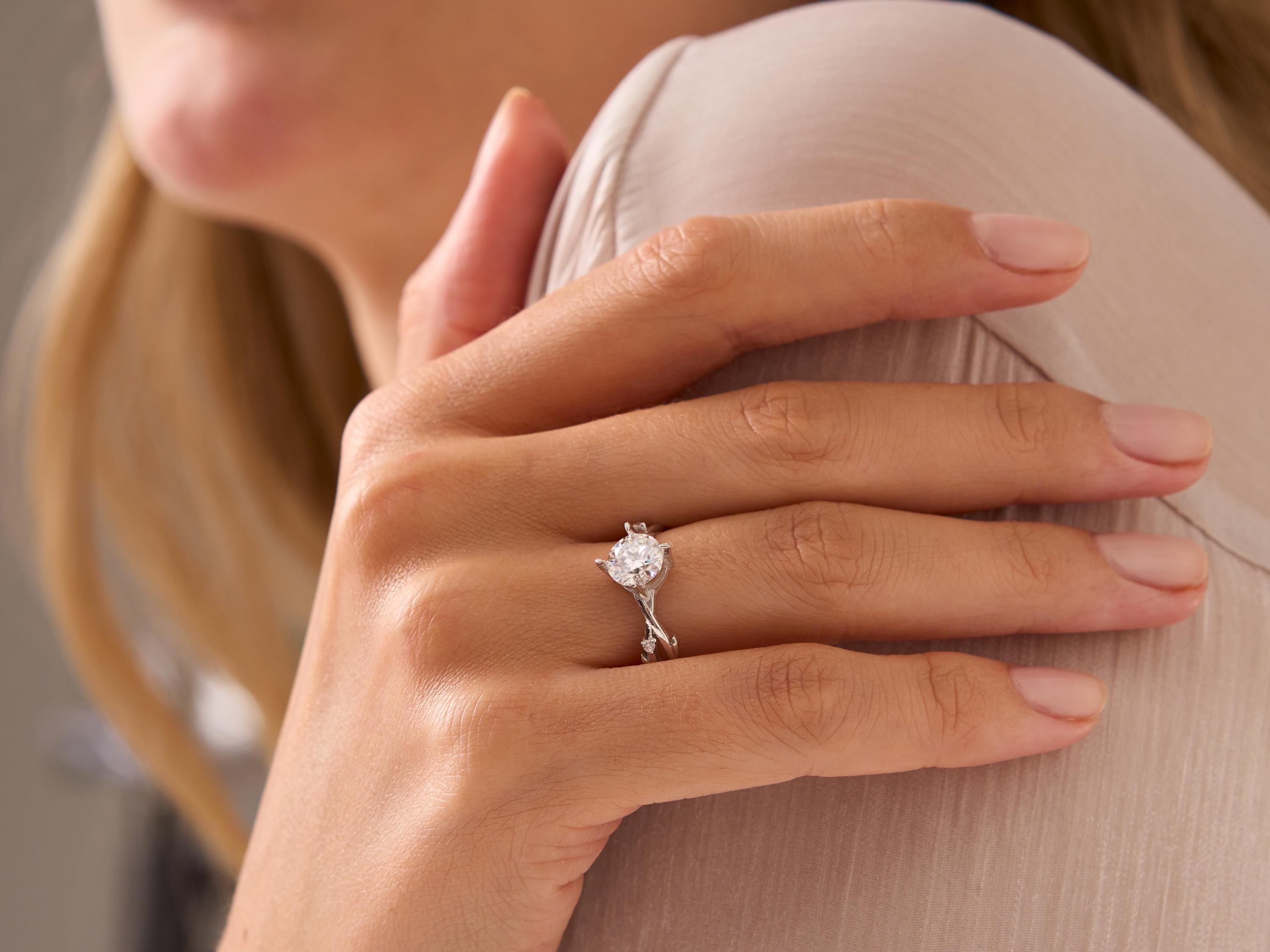 Moissanite Engagement Ring: 1ct Radiant Cut, Twig & Leaf Design
