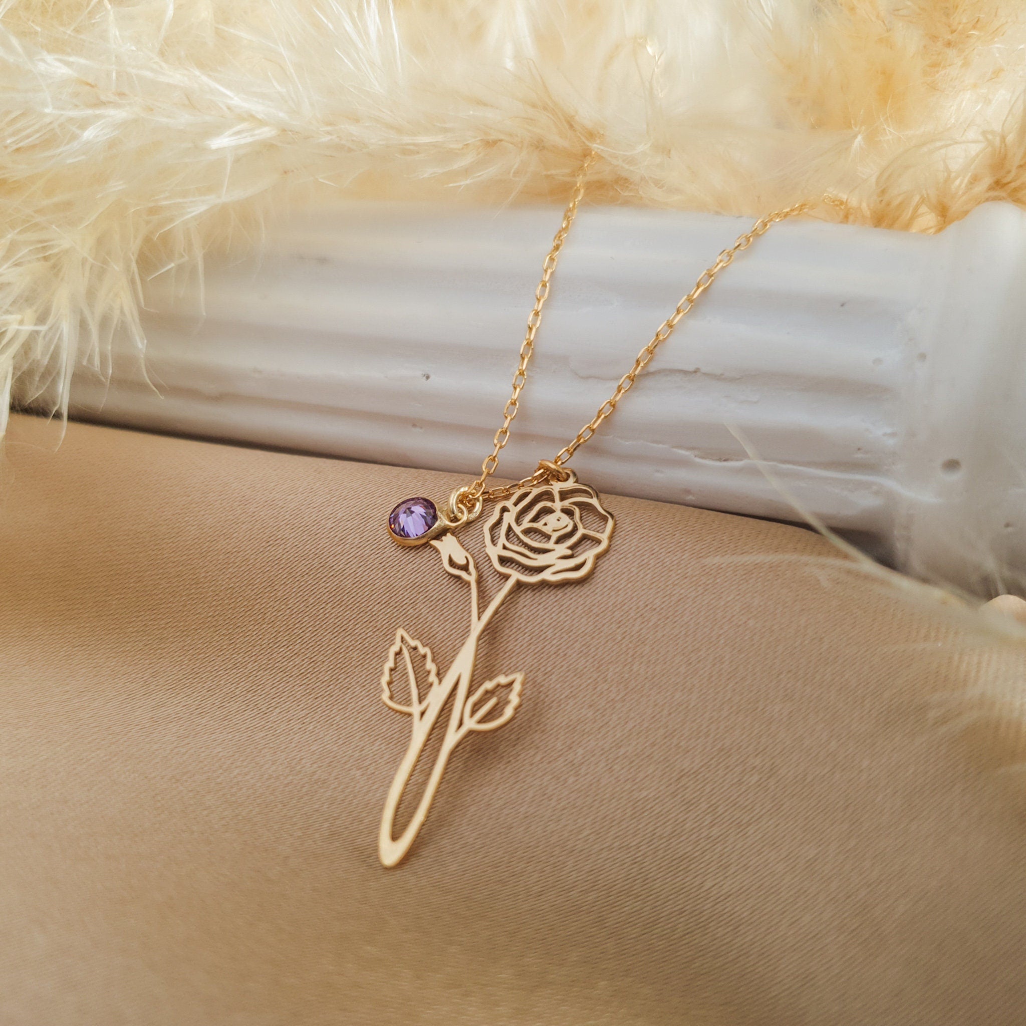 Tiny Birth Flower Necklace with Birthstone