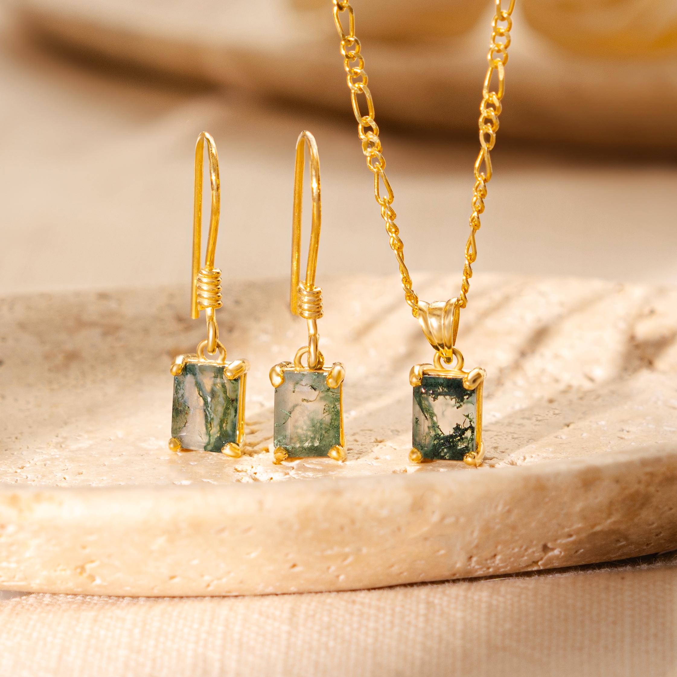 Emerald Cut Moss Agate Earrings, Sterling Silver Green Moss Agate