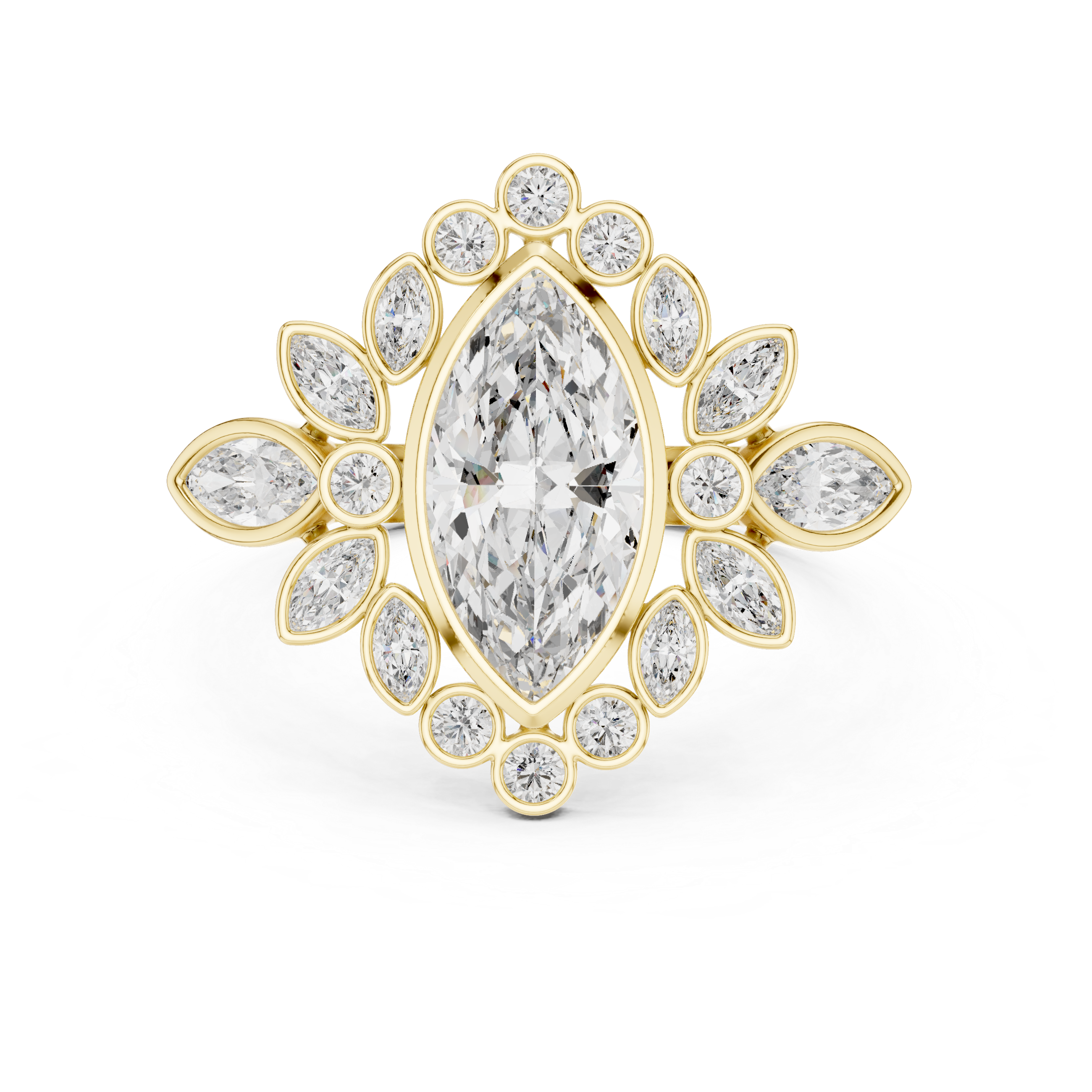Muur Atelier Solid Gold Vintage Marquise Halo Diamond Ring with Floral Bezel Accents