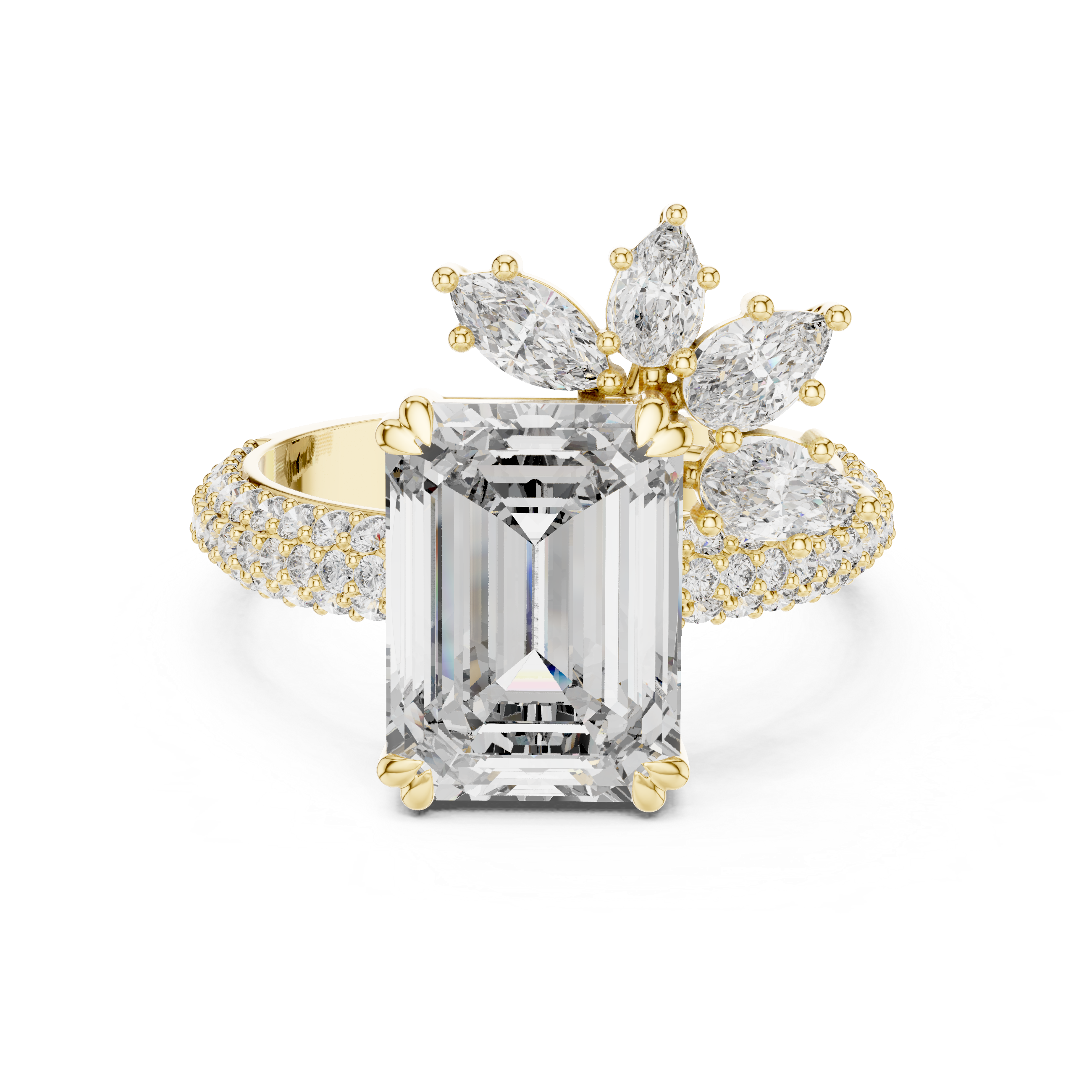 Muur Atelier Solid Gold Emerald Cut Diamond Solitaire with Asymmetrical Cluster Band