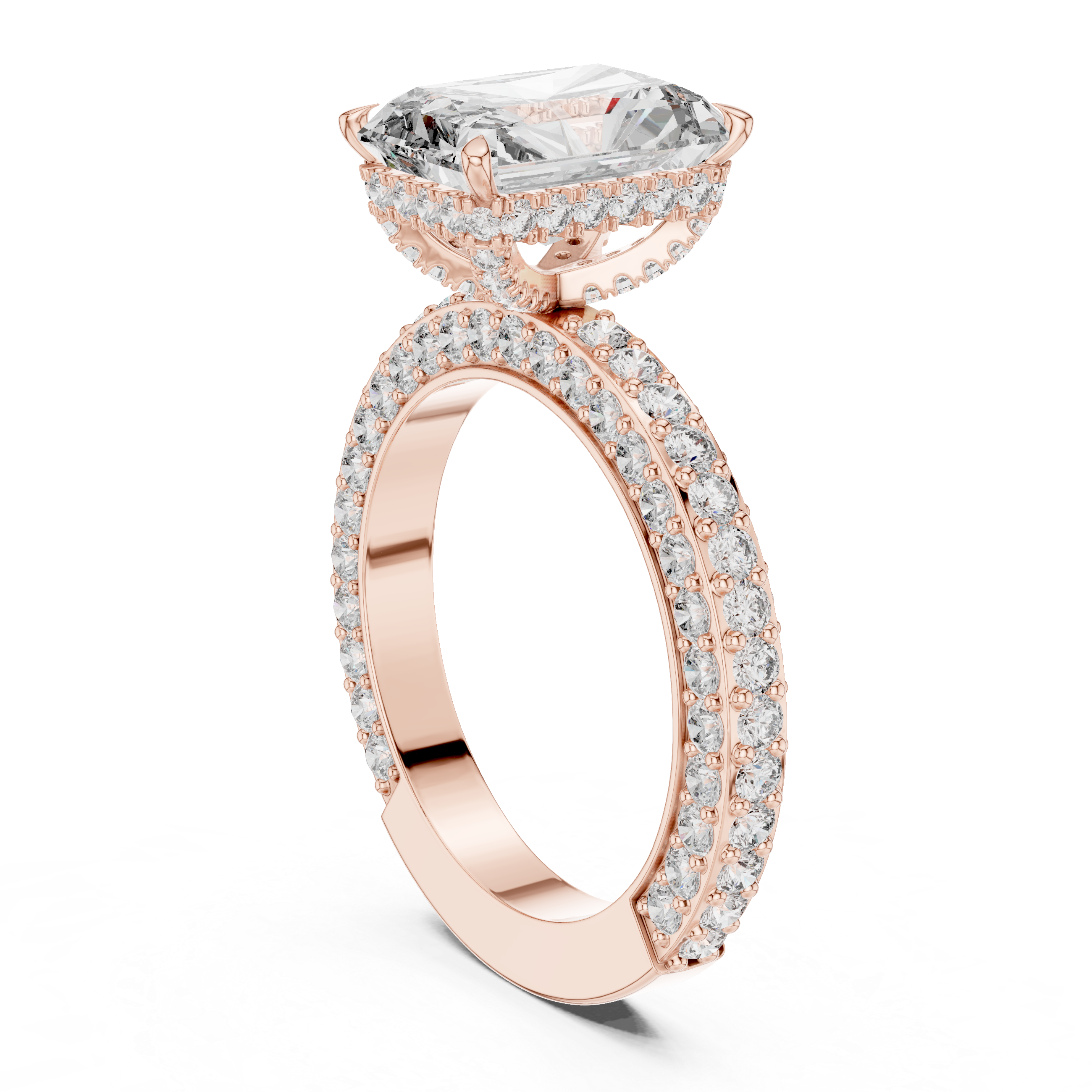 Muur Atelier Solid Gold Radiant Cut Solitaire with Diamond Encrusted Band & Hidden Halo