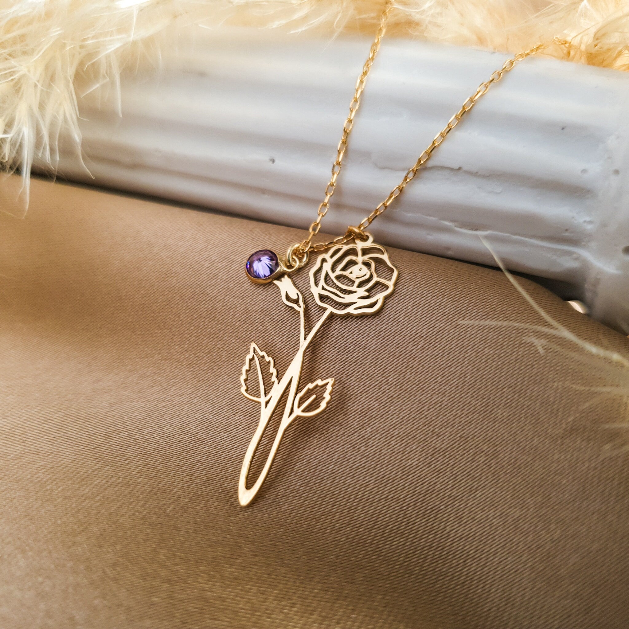 Tiny Birth Flower Necklace with Birthstone