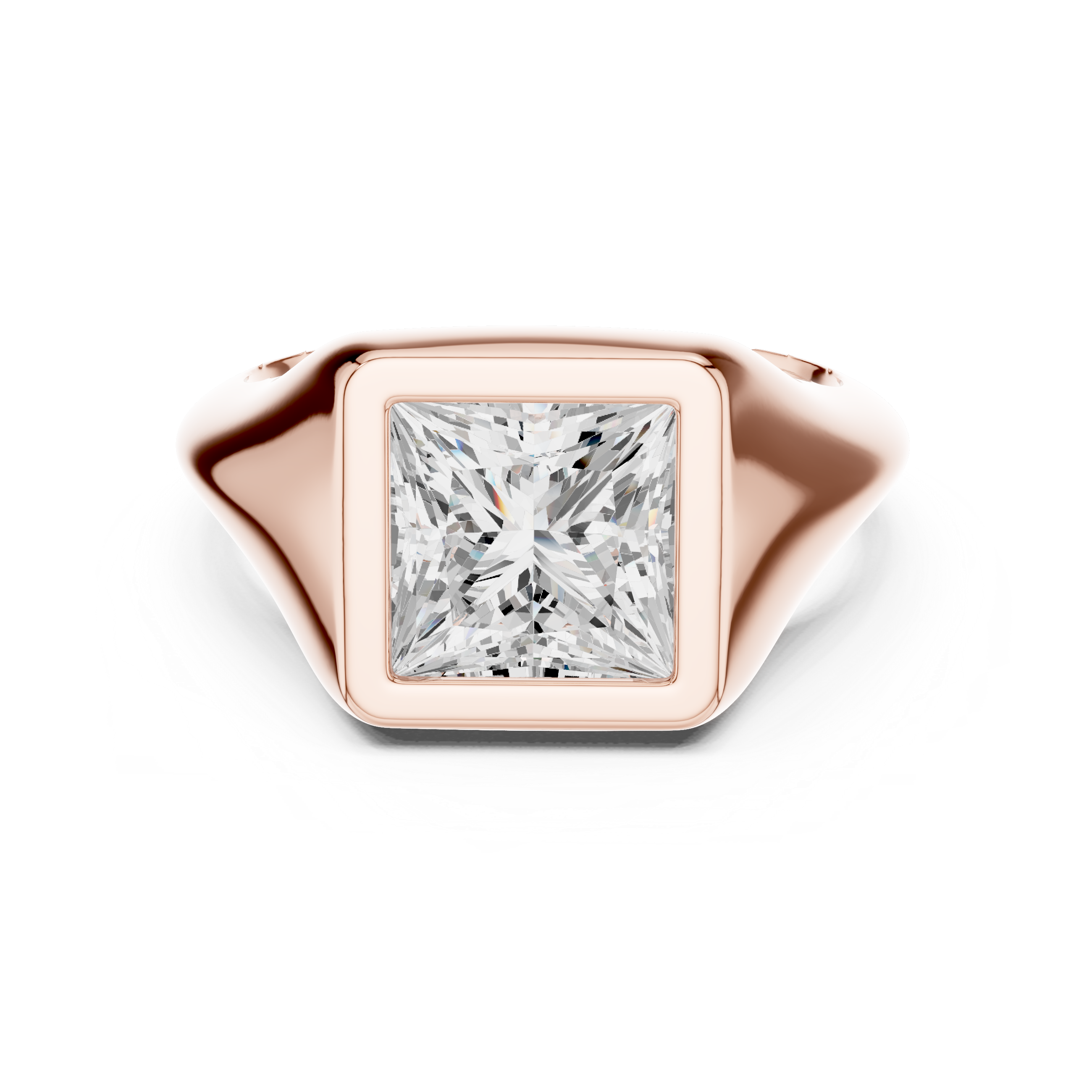 Rose gold ring with a large diamond on a white background