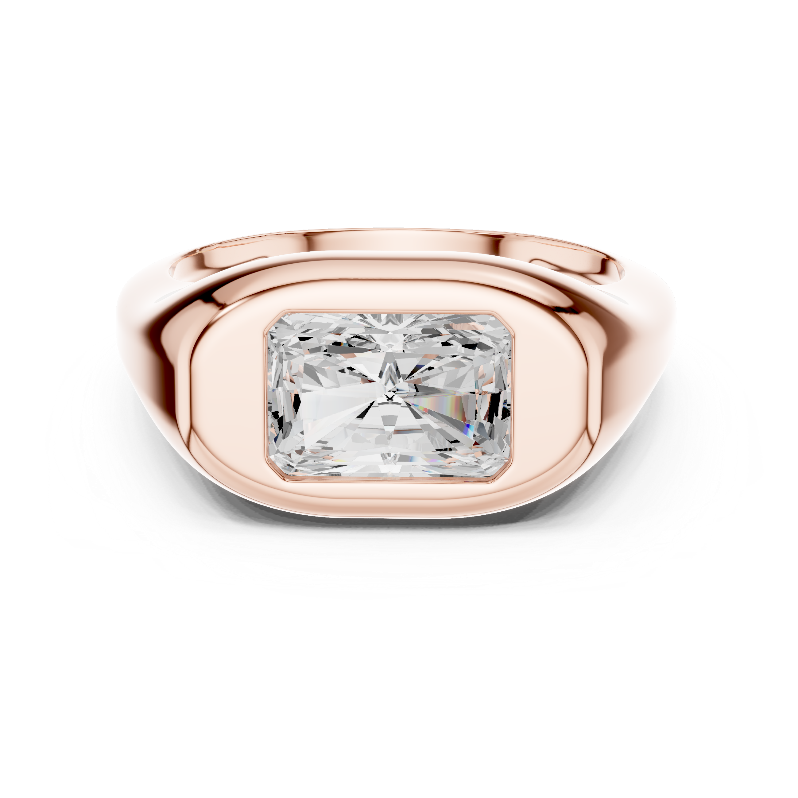 Rose gold ring with a diamond on a white background