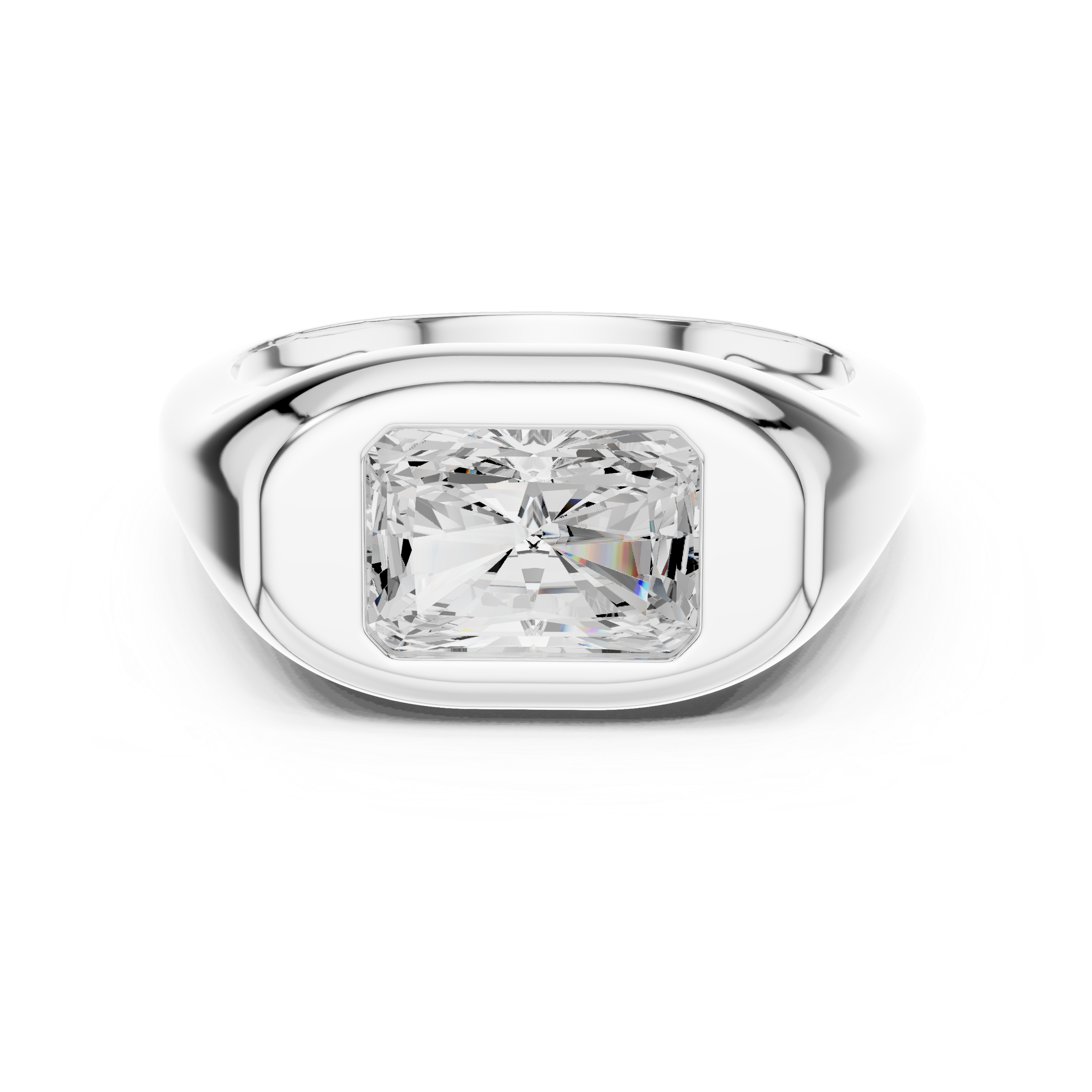 Silver ring with a square-cut diamond on a white background