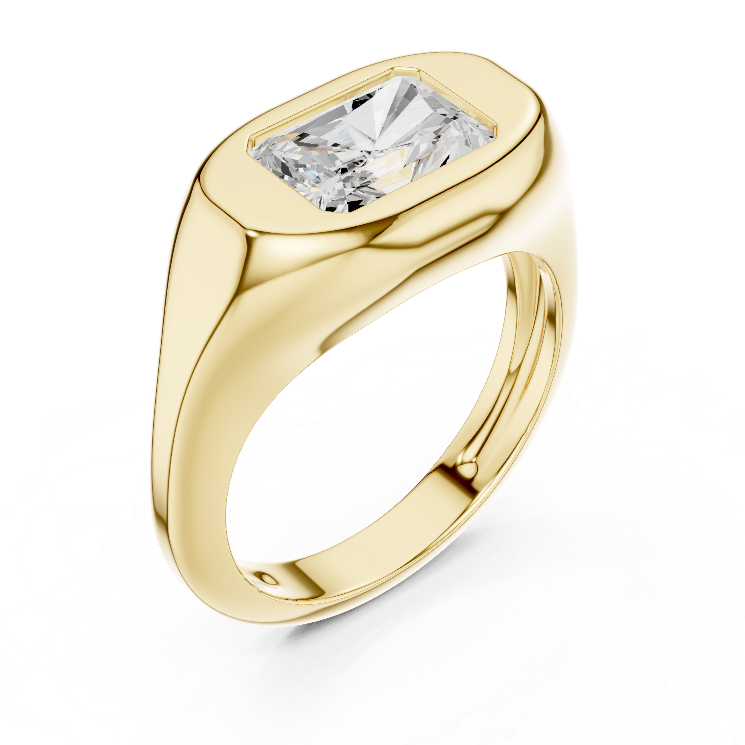 Gold ring with a clear gemstone on a white background