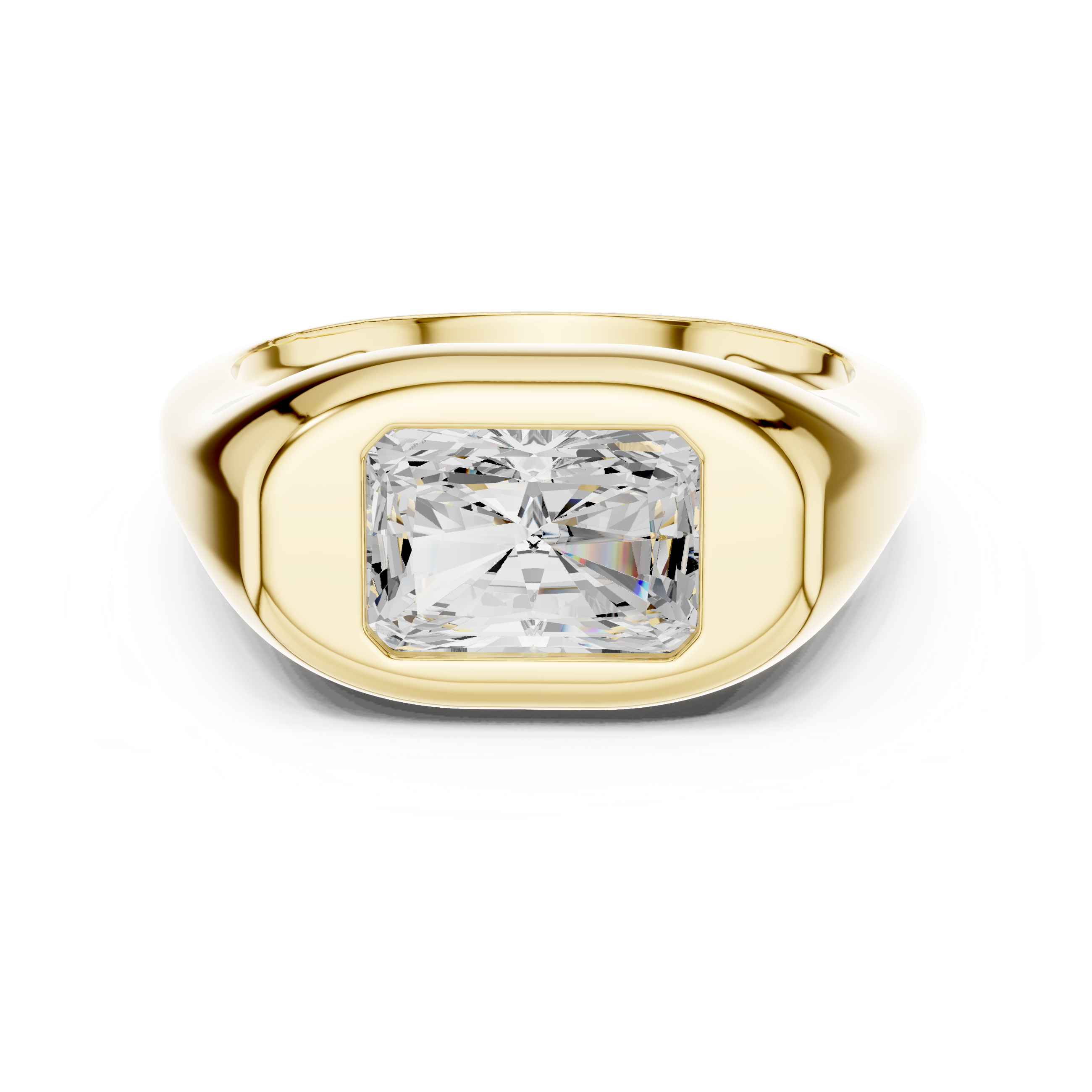 Gold ring with a large diamond on a white background