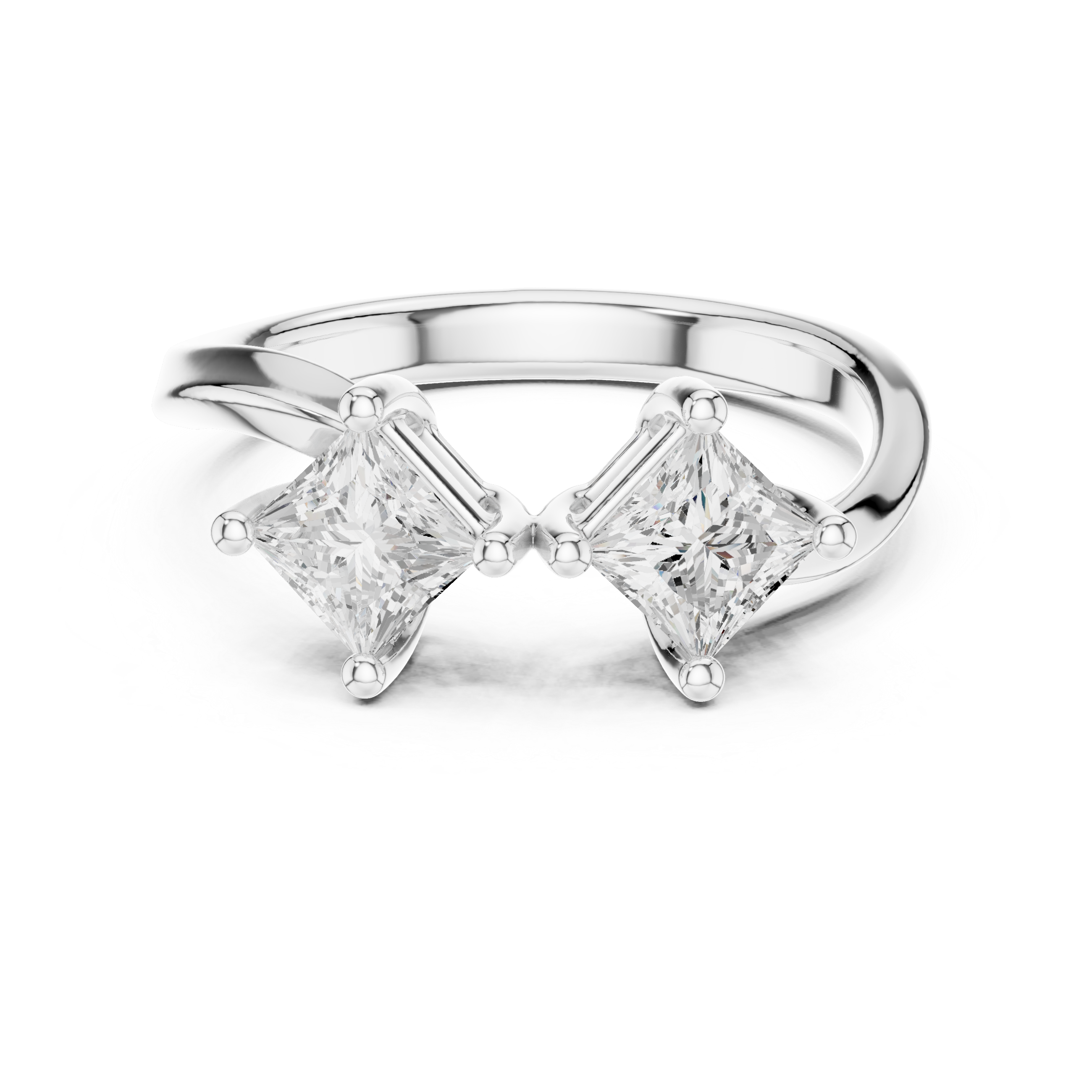 Silver ring with two princess-cut diamonds on a white background