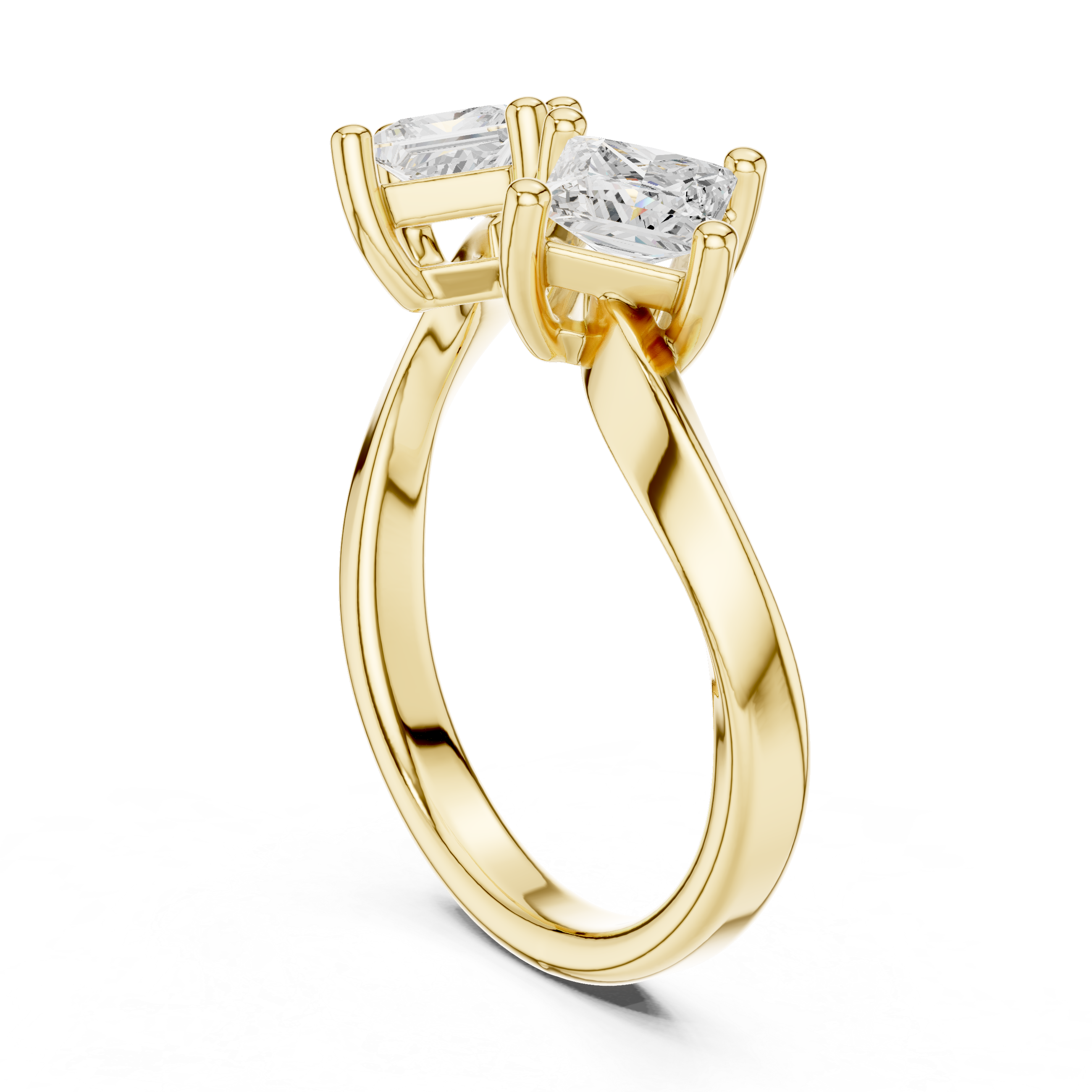 Gold ring with two diamonds on a white background