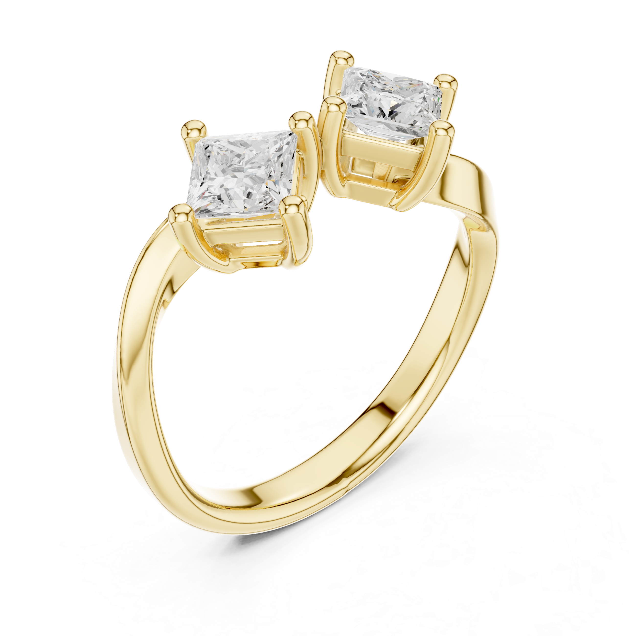 Gold ring with two diamond stones on a white background