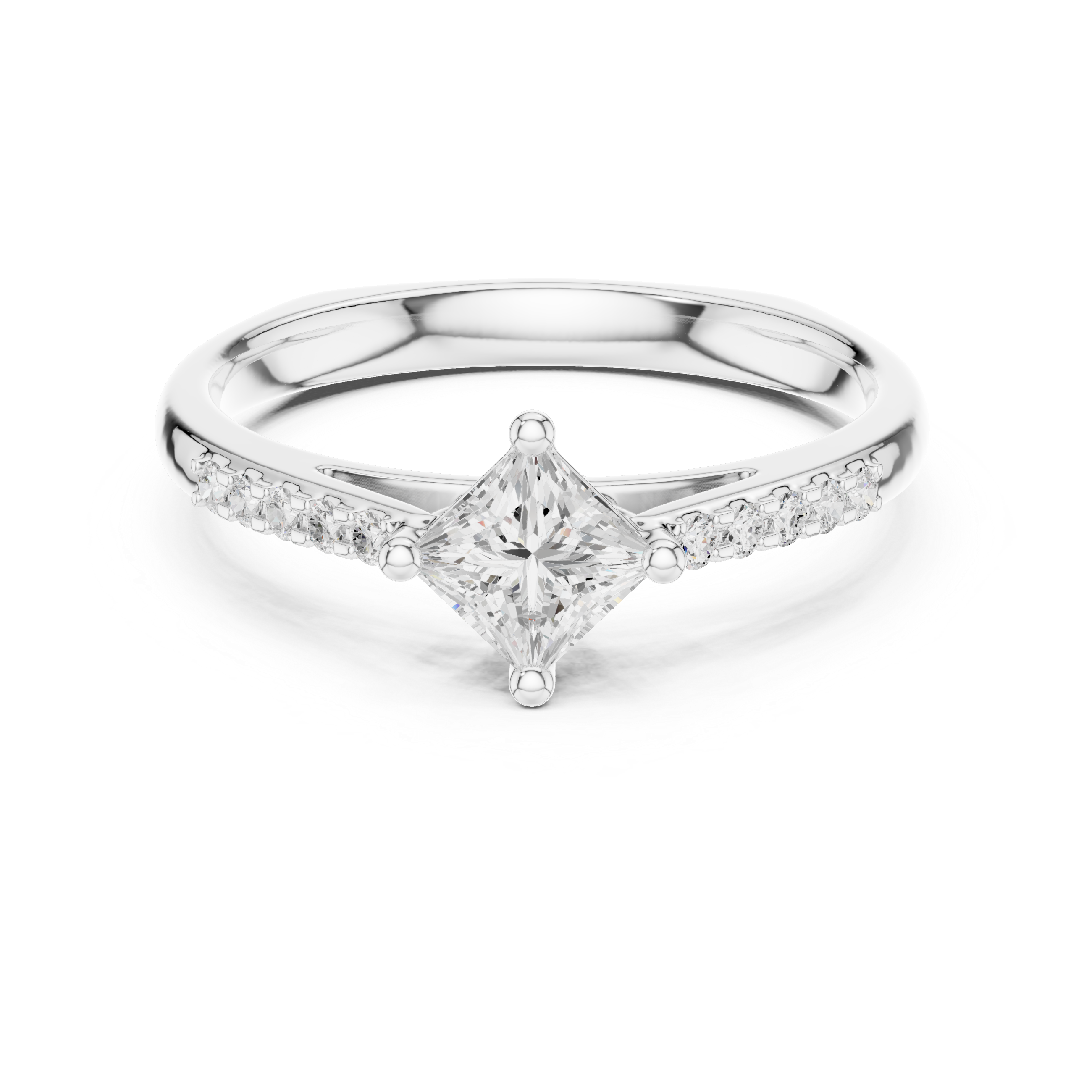 Diamond ring with a princess-cut center stone on a white background