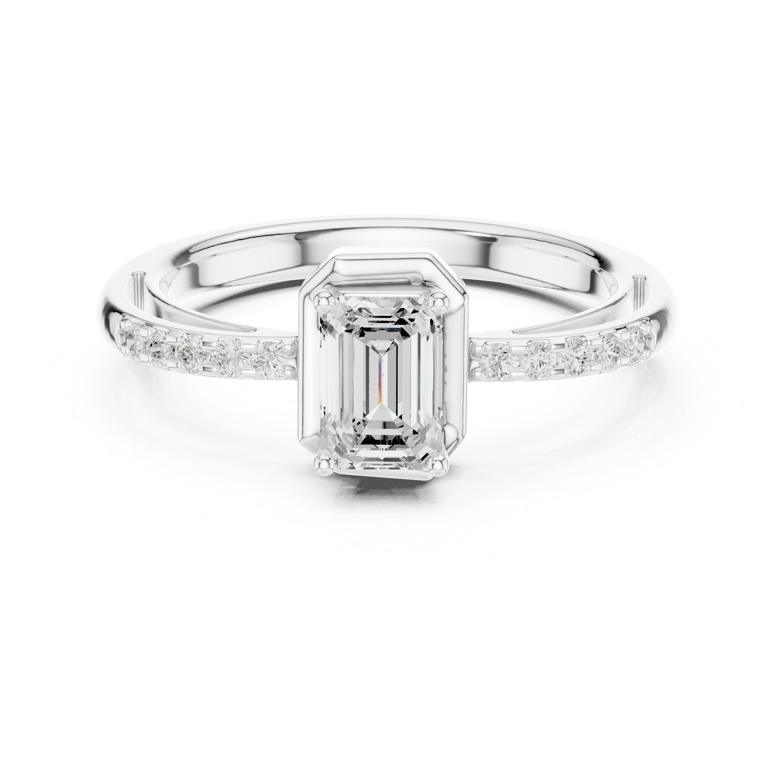 Diamond ring with emerald-cut center stone on a white background