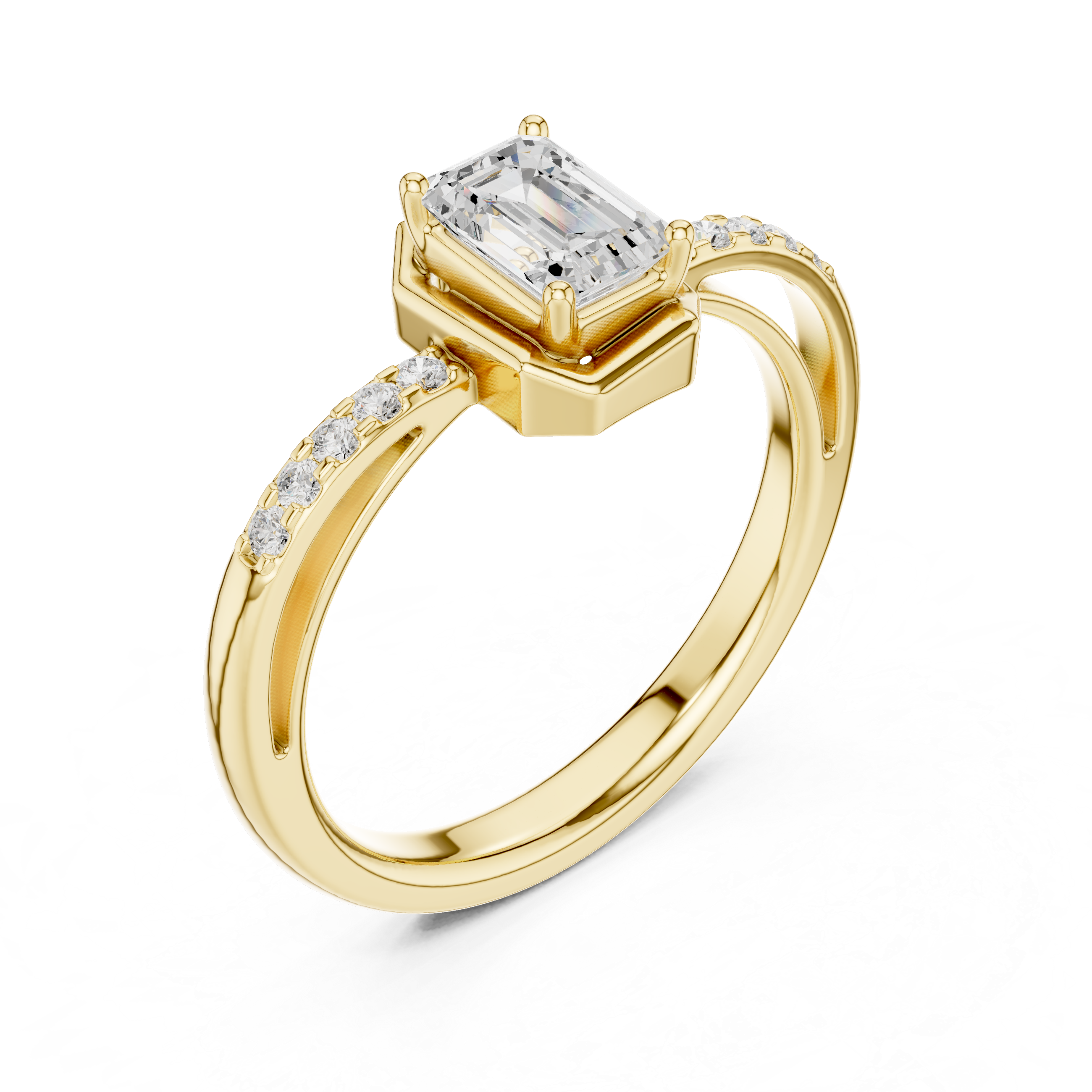 Gold ring with a diamond on a white background