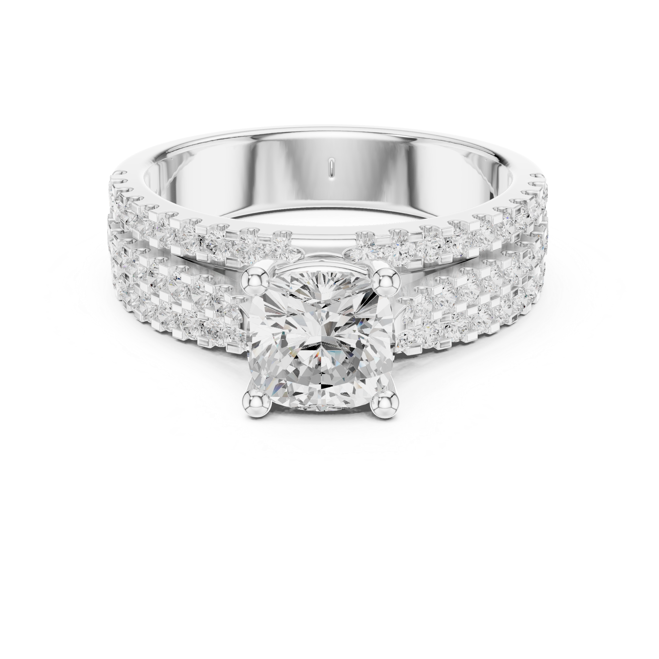 Diamond ring with a white gold band on a white background