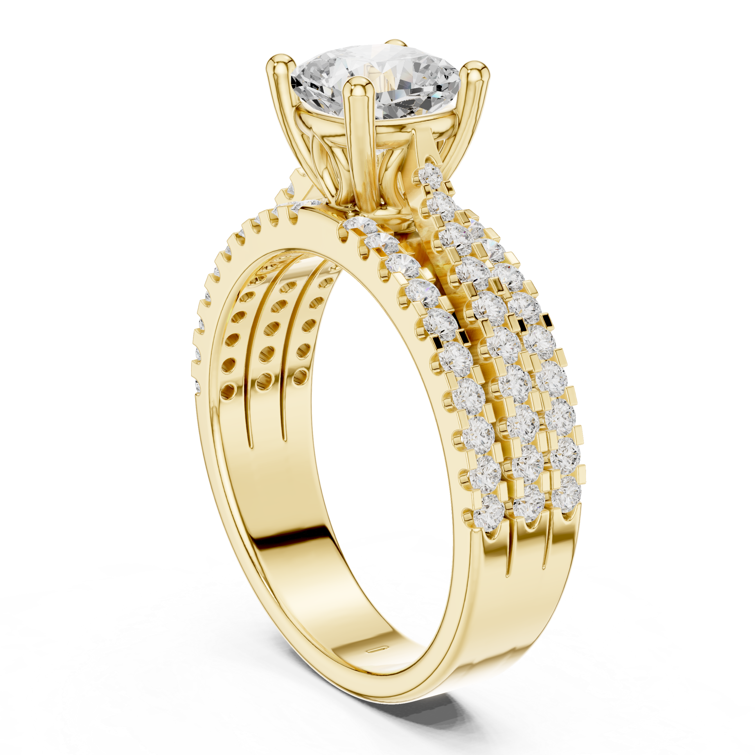 Gold ring with diamond accents on a white background