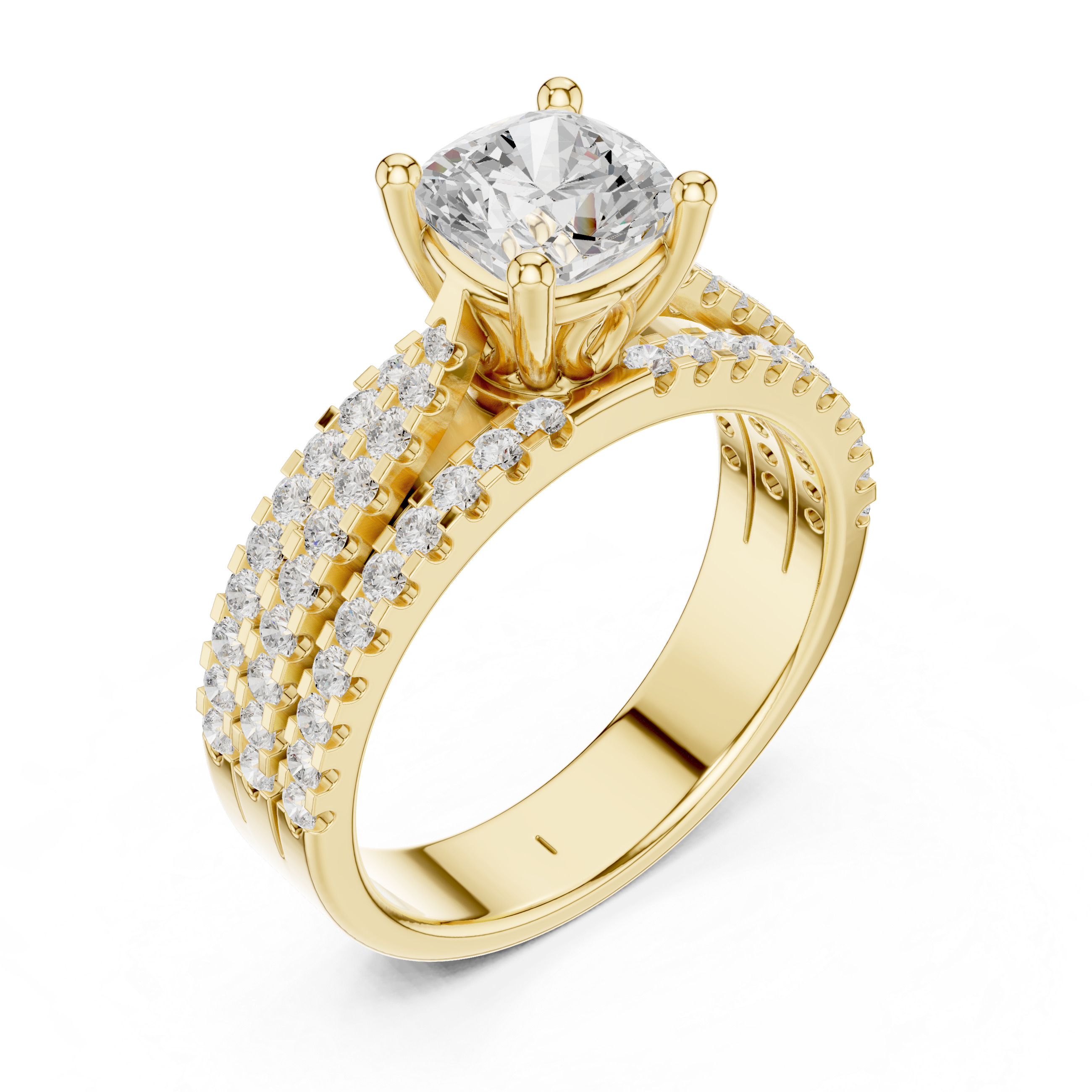 Gold ring with a large diamond and smaller diamonds on the band against a white background