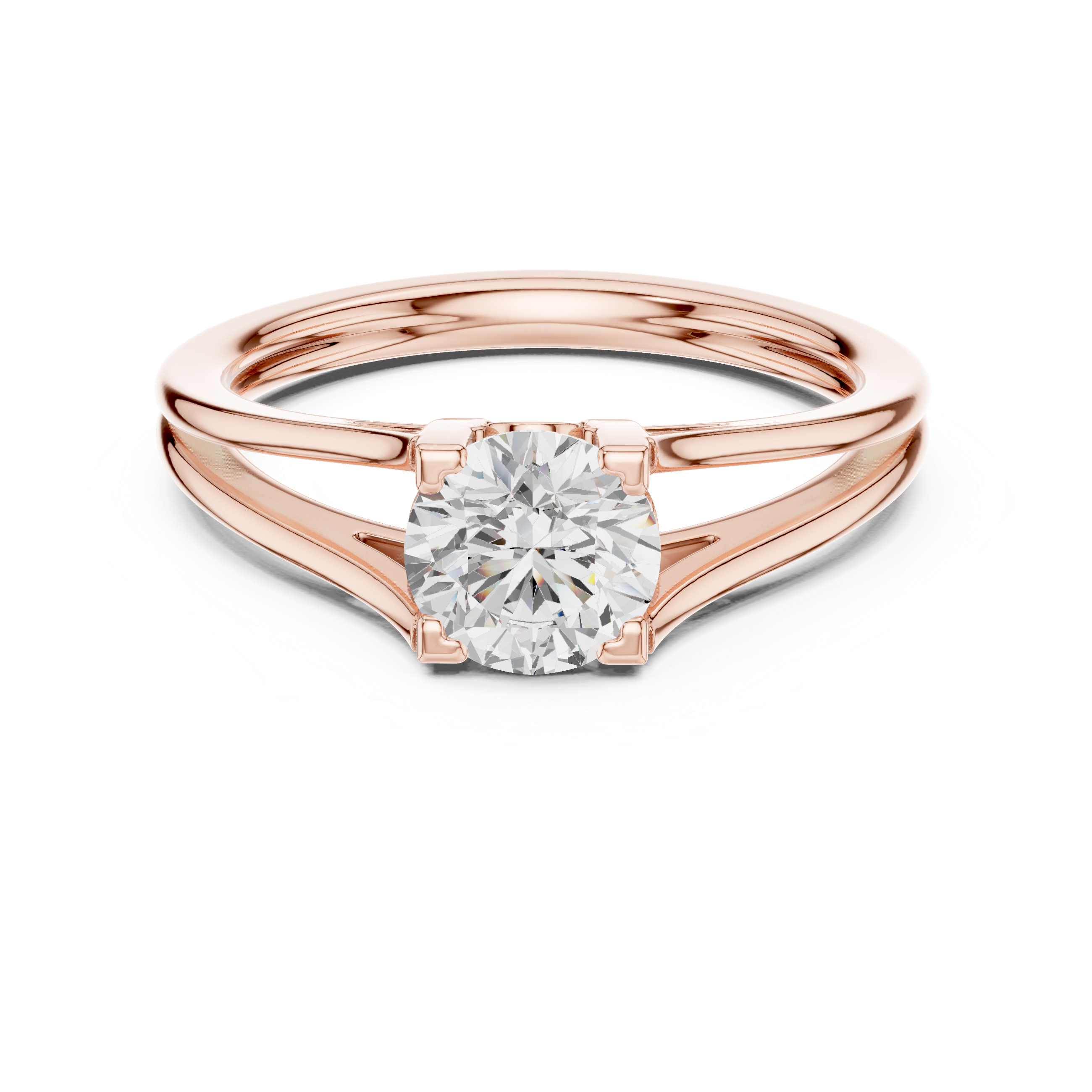 Rose gold ring with a diamond on a white background