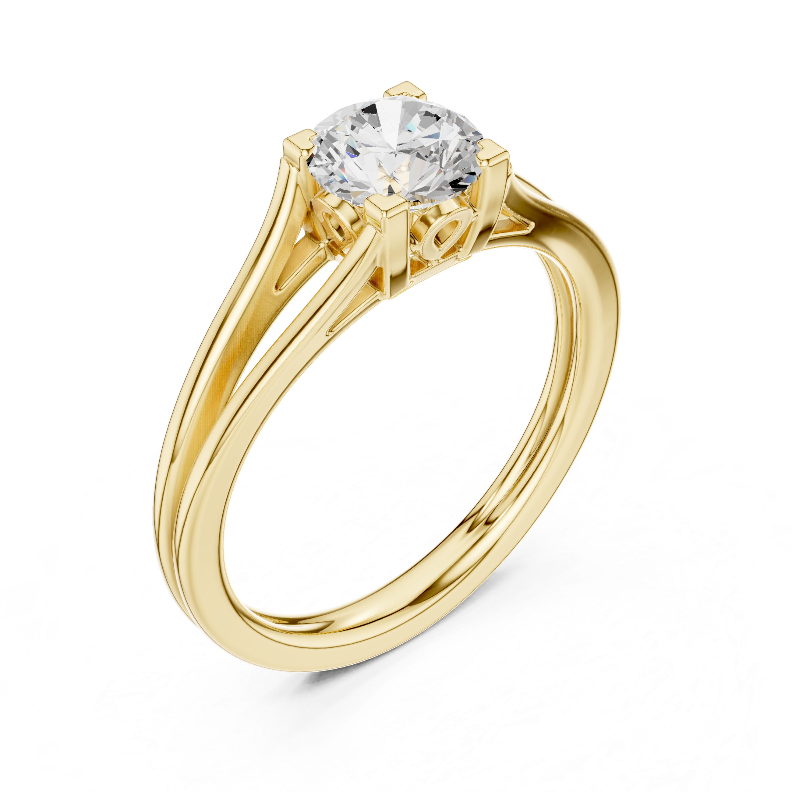 Gold ring with a diamond on a white background