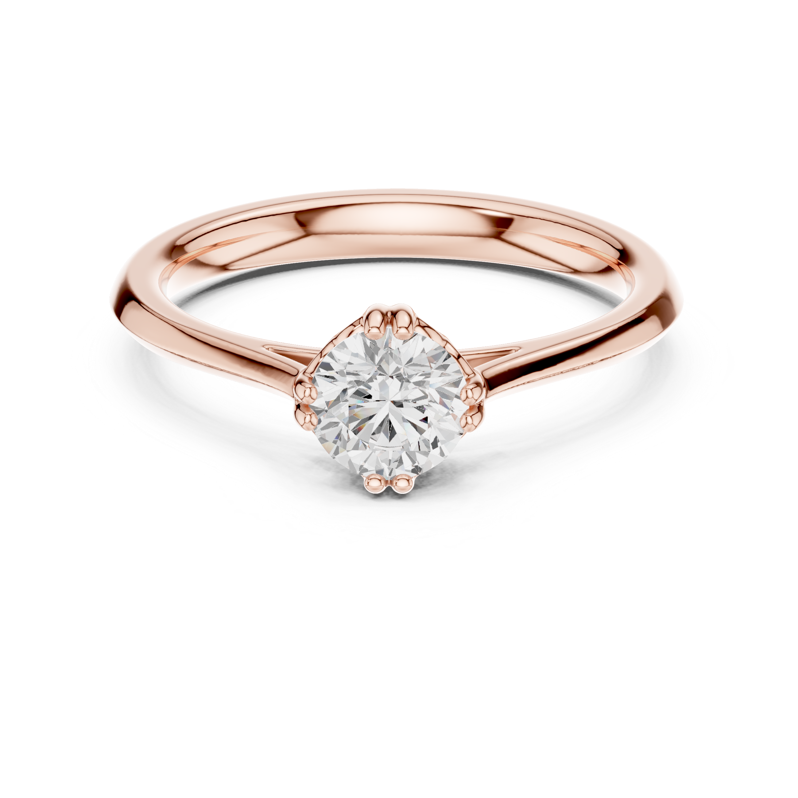 Rose gold ring with a diamond on a white background