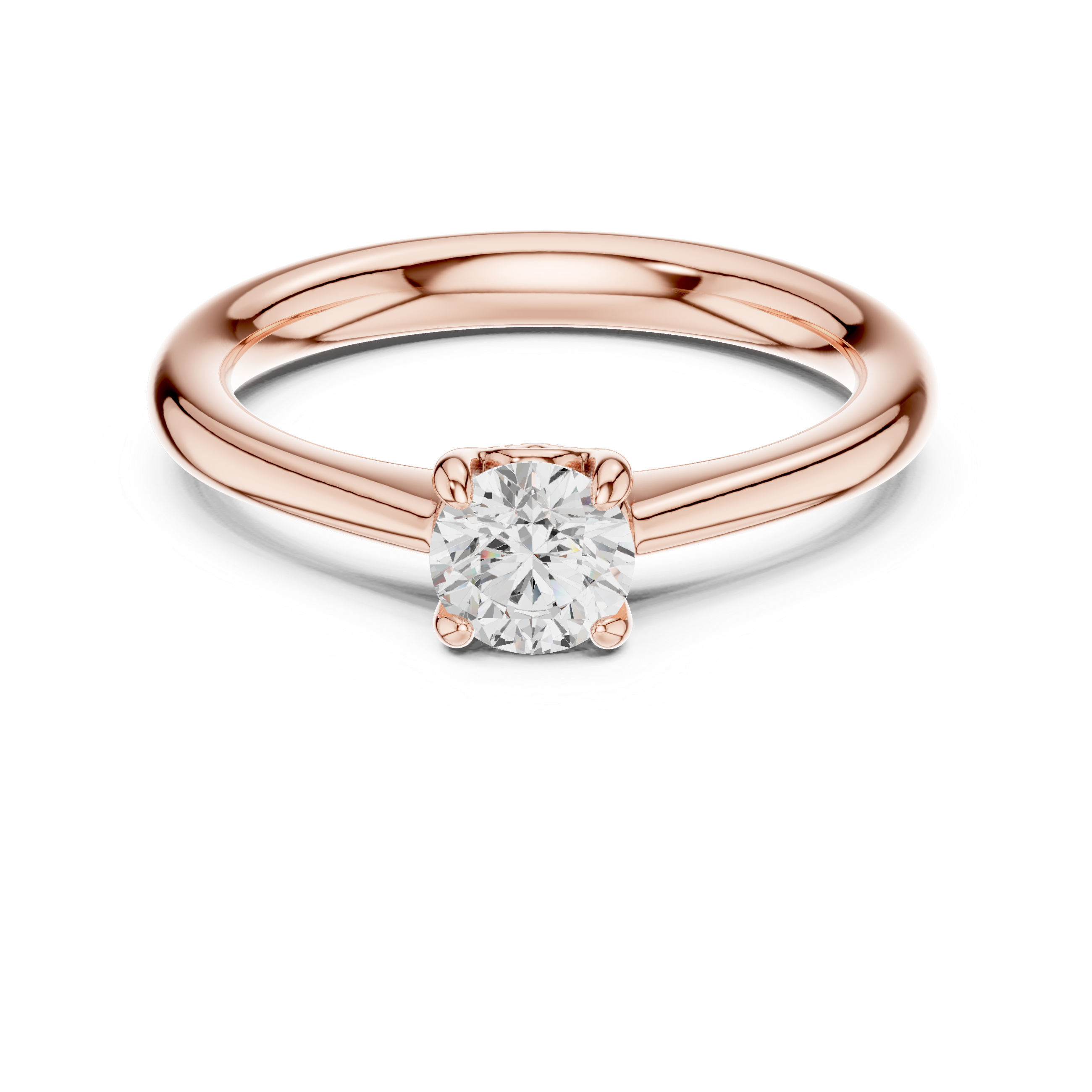 Rose gold ring with a diamond on a white background