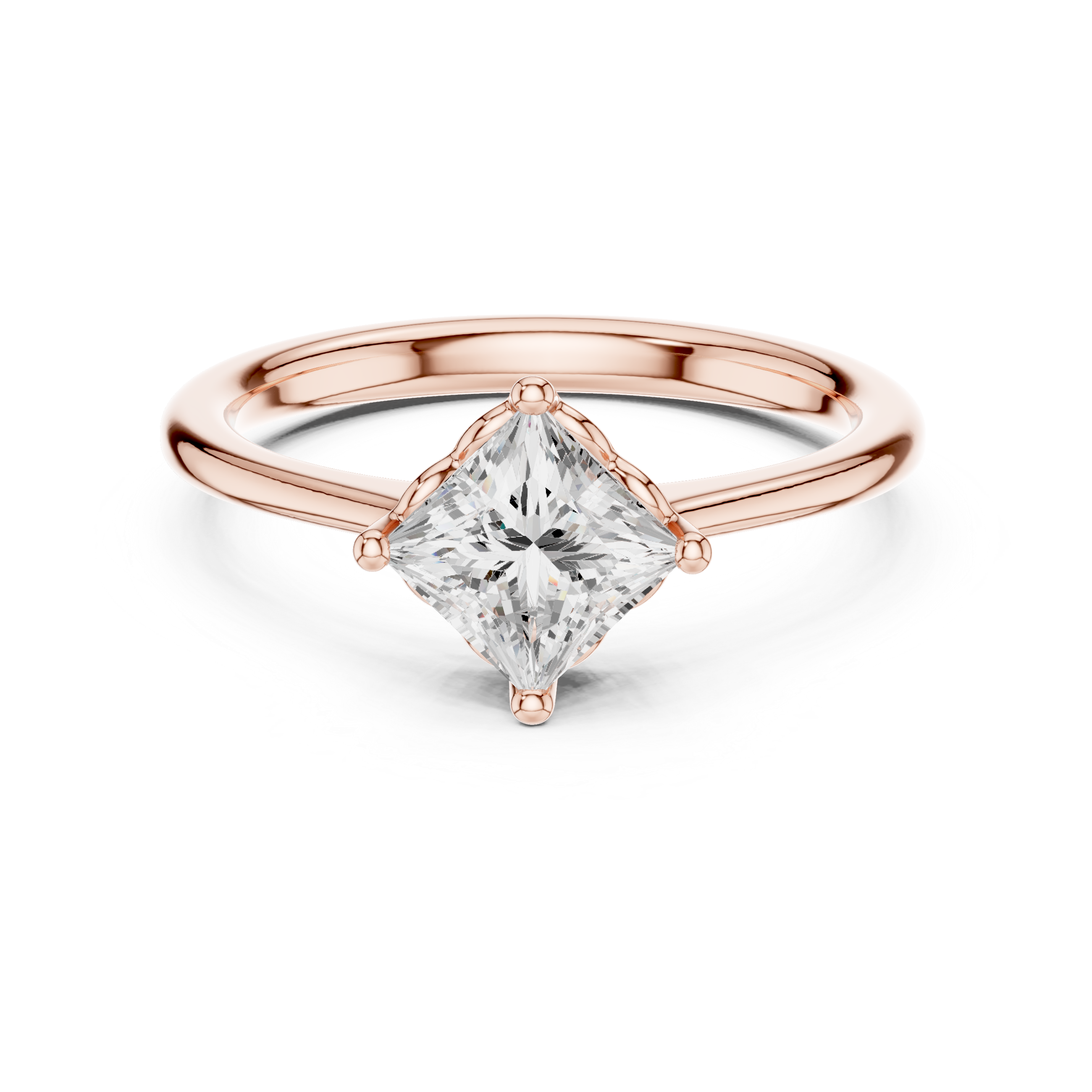 Rose gold ring with a clear gemstone on a white background
