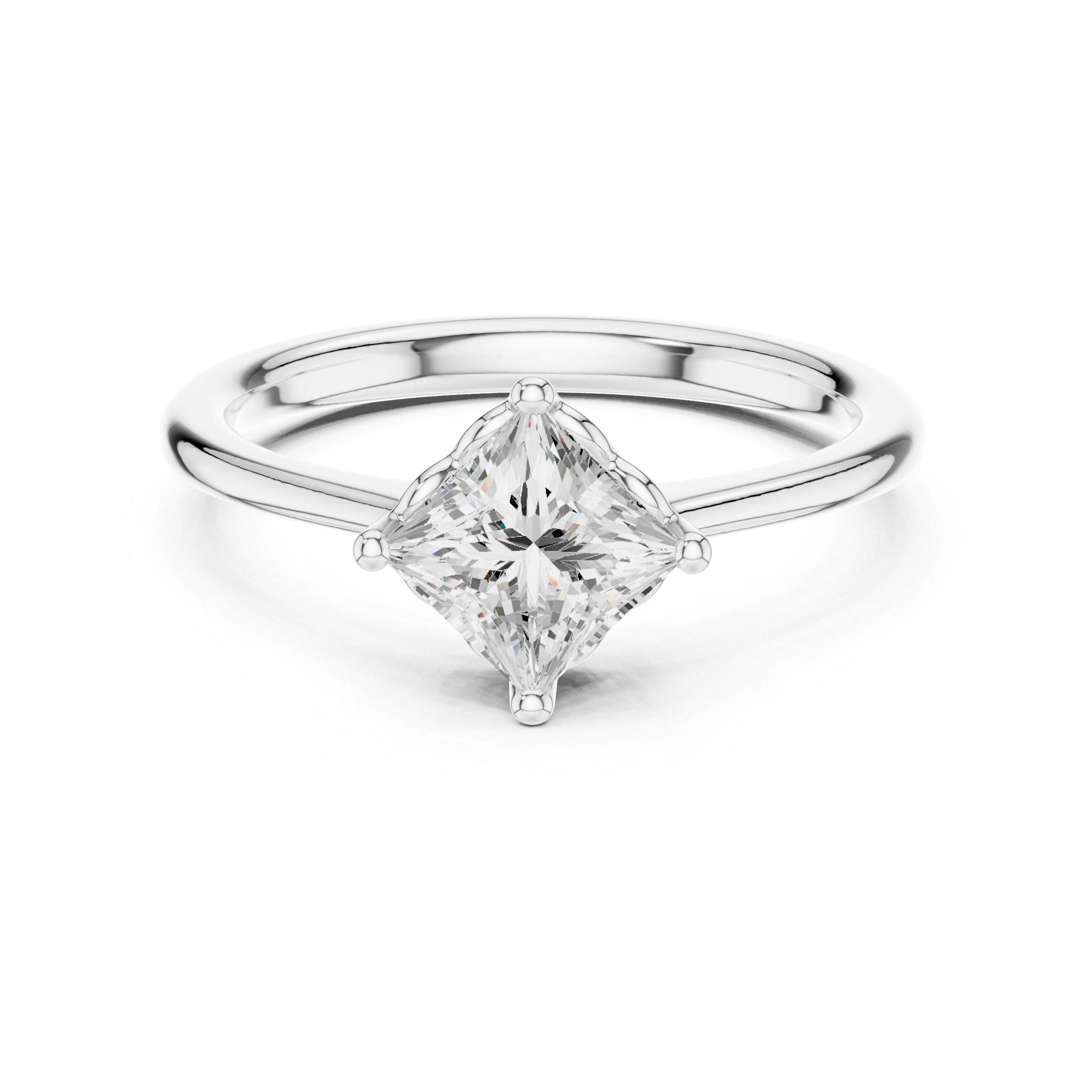 Silver ring with a clear gemstone on a white background